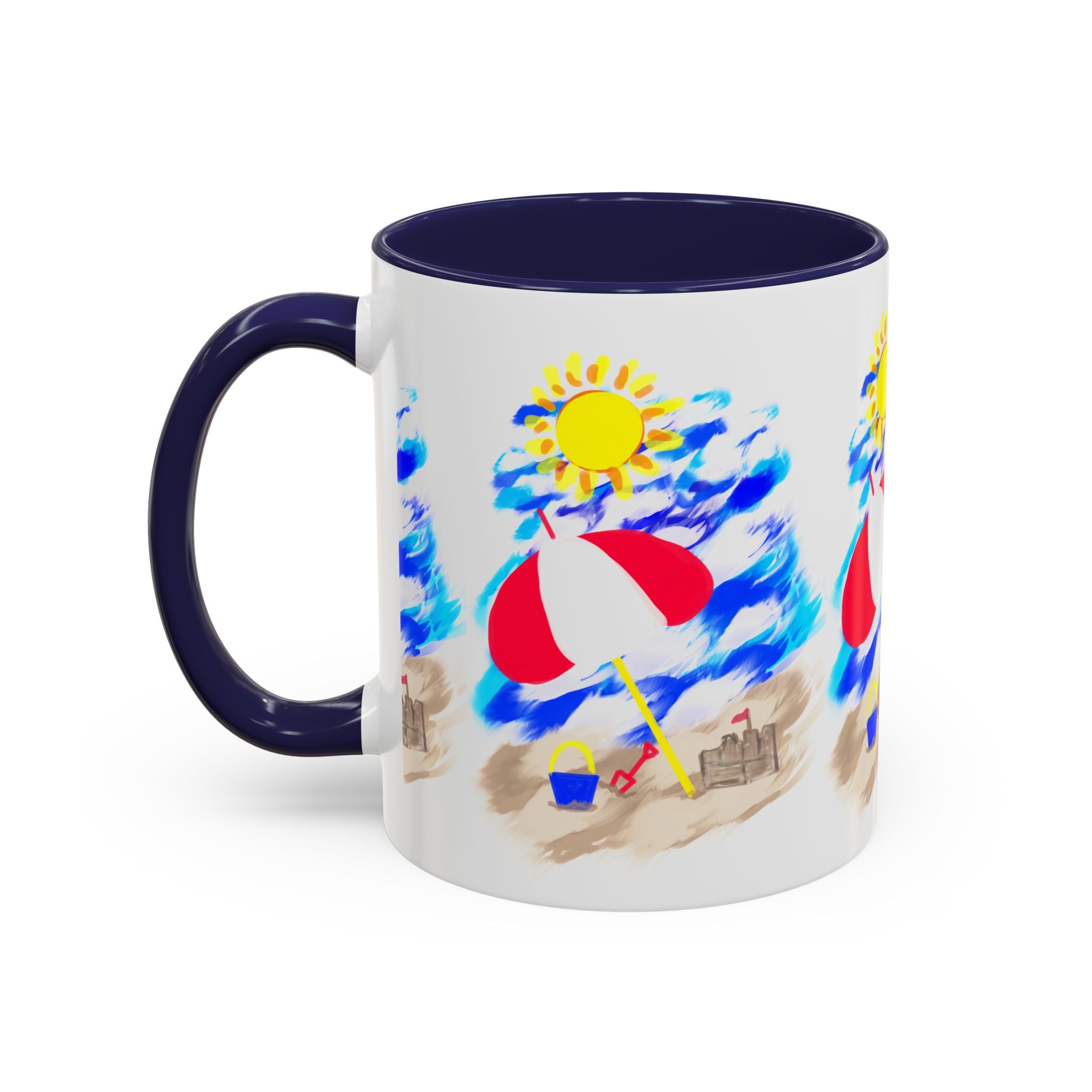 Beach Scene Coffee Mug – Summer Umbrella, Sun & Sandcastle Accent Mug