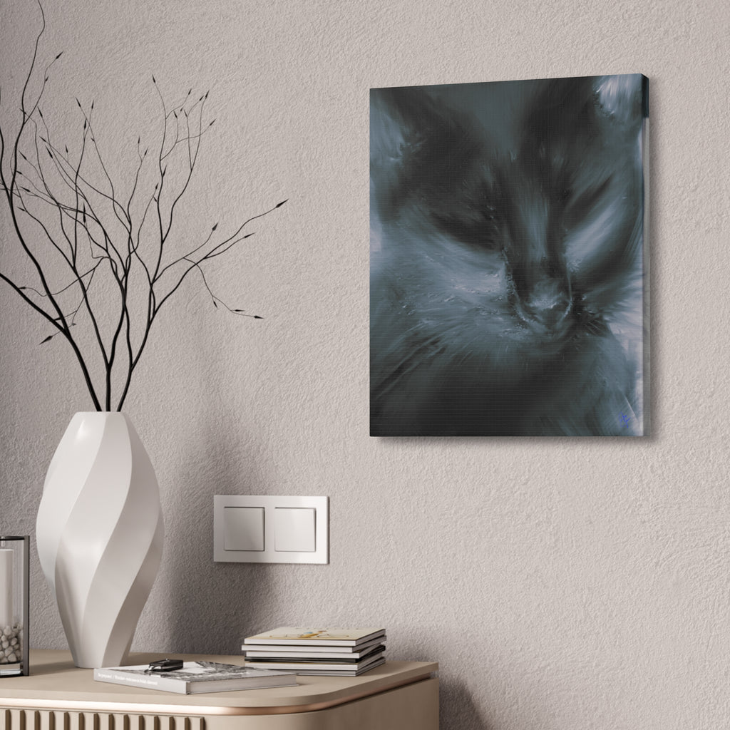 Black Cat Portrait Canvas Stretched Print — Moody Feline Wall Art