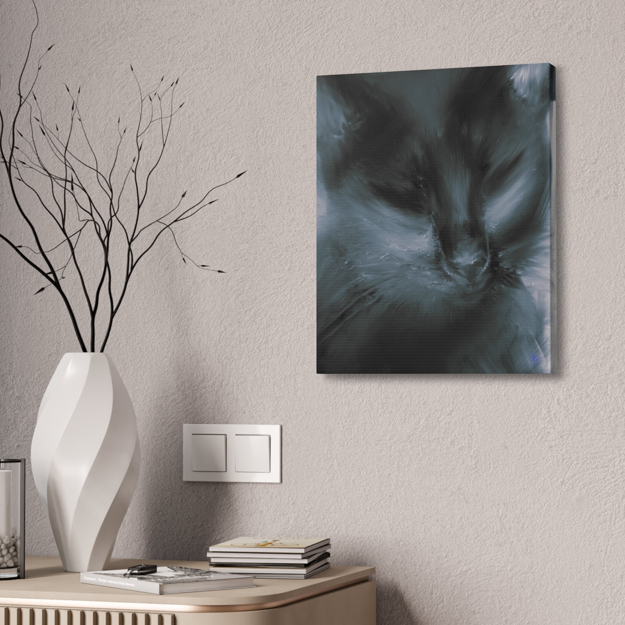 Black Cat Portrait Canvas Stretched Print — Moody Feline Wall Art