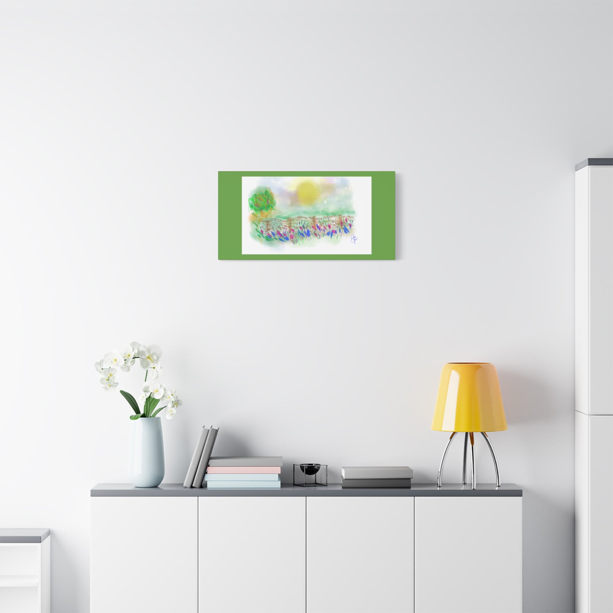 Sunlit Meadow Matte Canvas Wall Art — Pastel Landscape Stretched Canvas