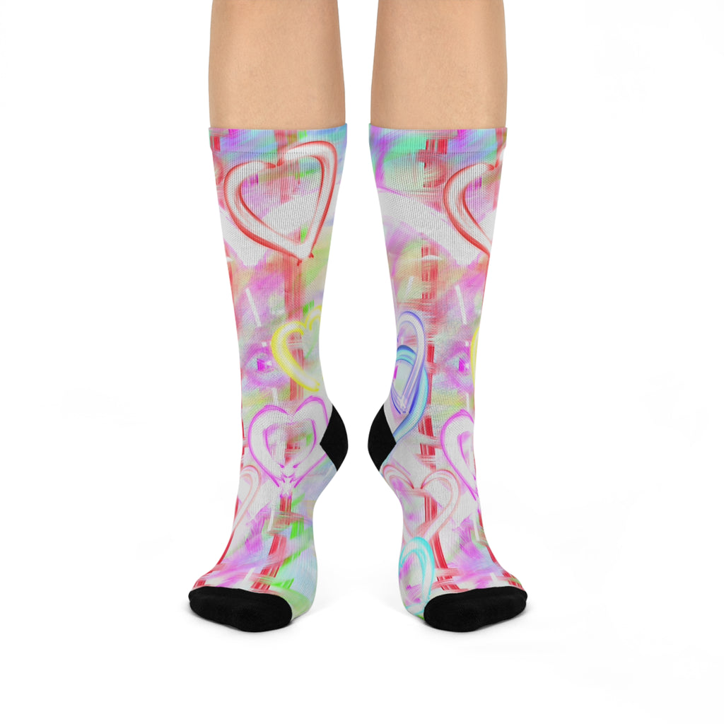 Pastel Heart Cushioned Crew Socks — Colorful Watercolor Hearts Knee-High Socks