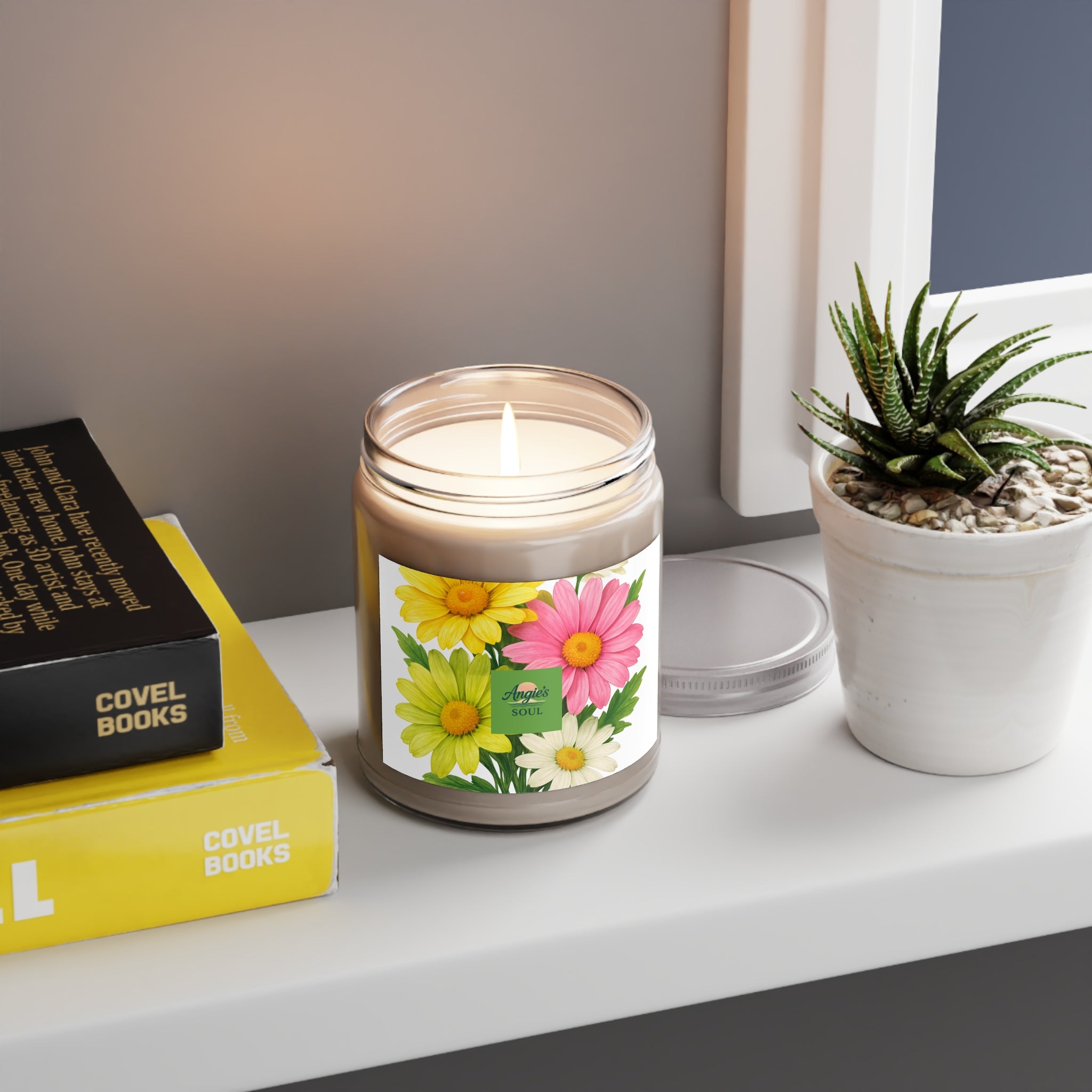 Floral Soy Candle 9oz — Scented Jar Candle with Pink & Yellow Daisy Design