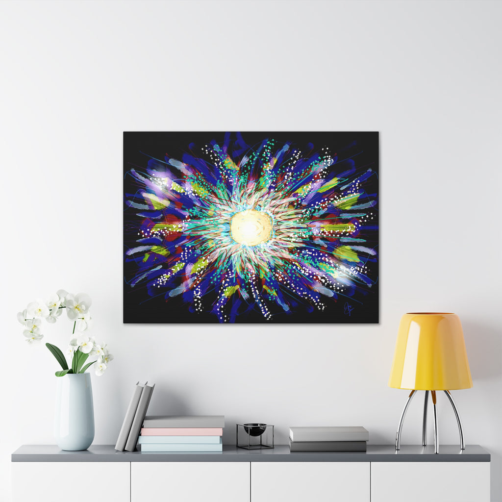 Abstract Cosmic Burst Canvas Wall Art — Colorful Sunflower Explosion on Black