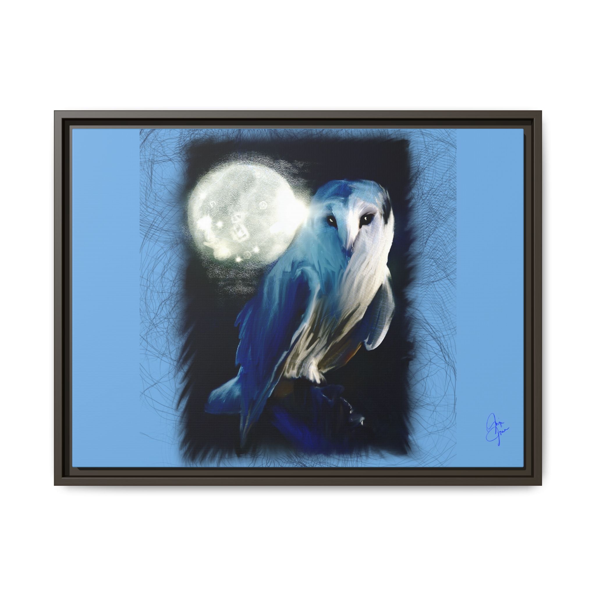 Moonlight Owl Matte Framed Canvas — Mystical Blue Owl Wall Art