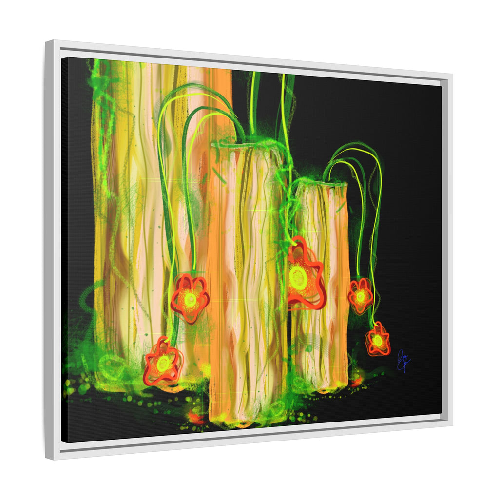 Framed Matte Canvas Print — Neon Floral Candlelight Art