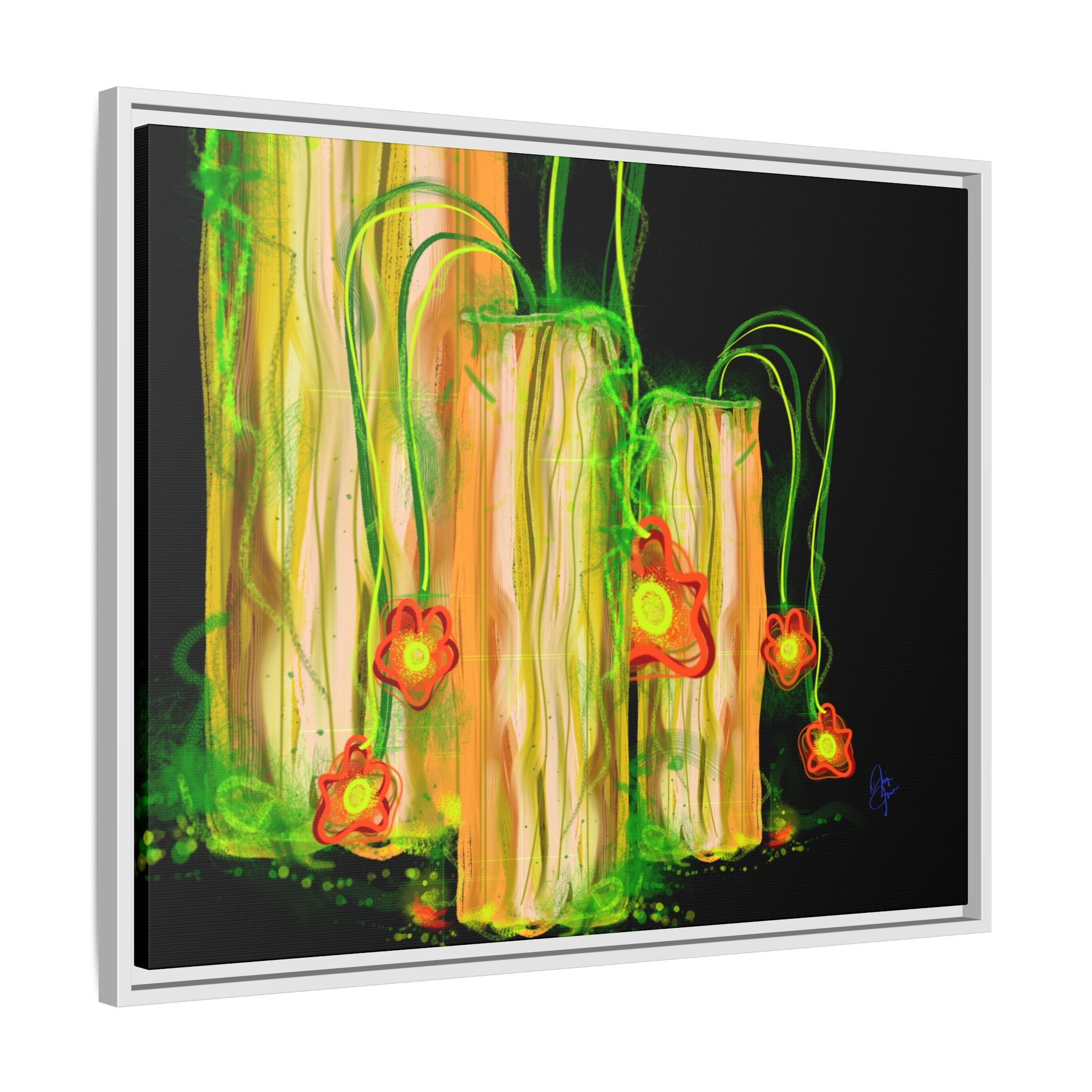 Framed Matte Canvas Print — Neon Floral Candlelight Art