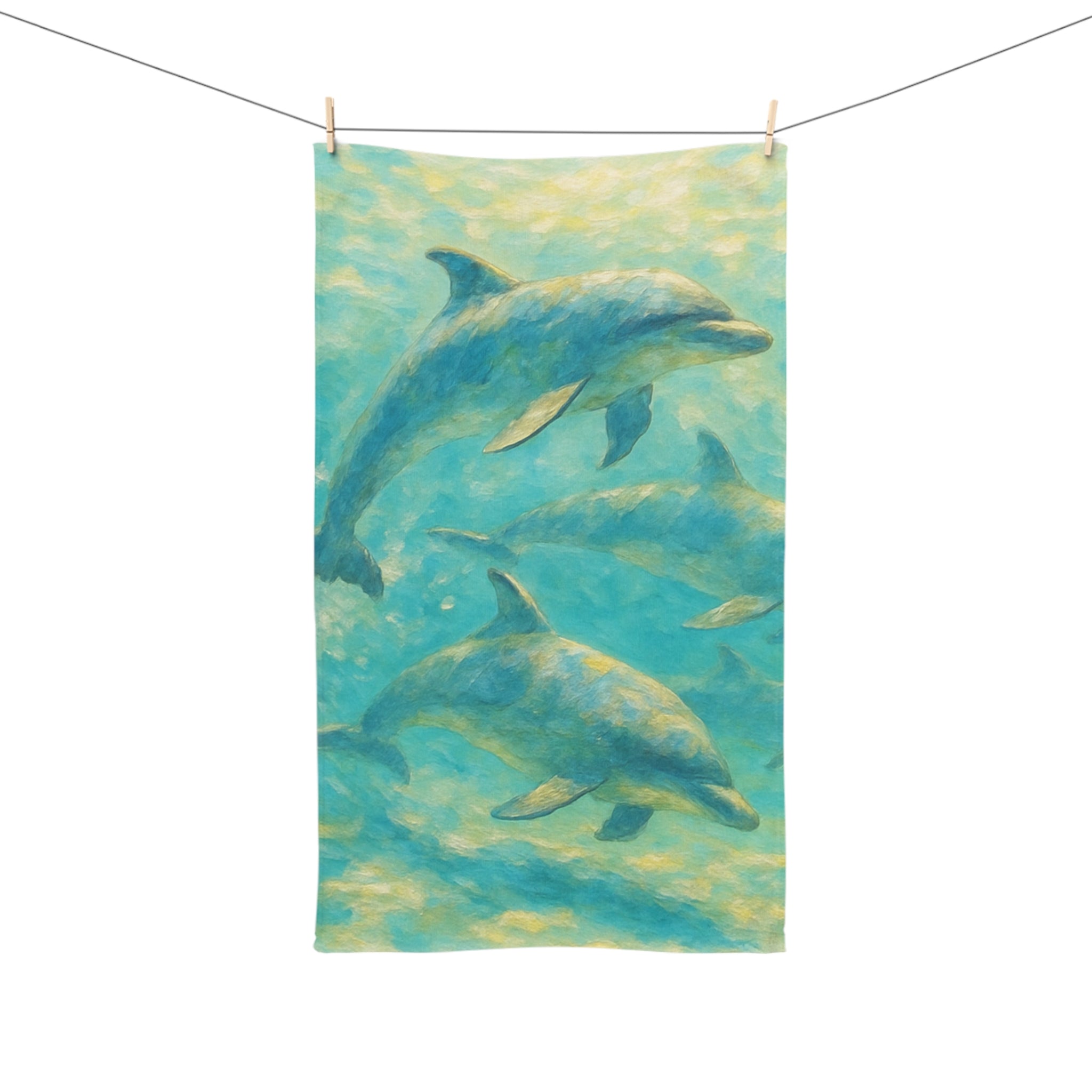 Dolphin Ocean Hand Towel — Turquoise Watercolor Marine Bath Accent
