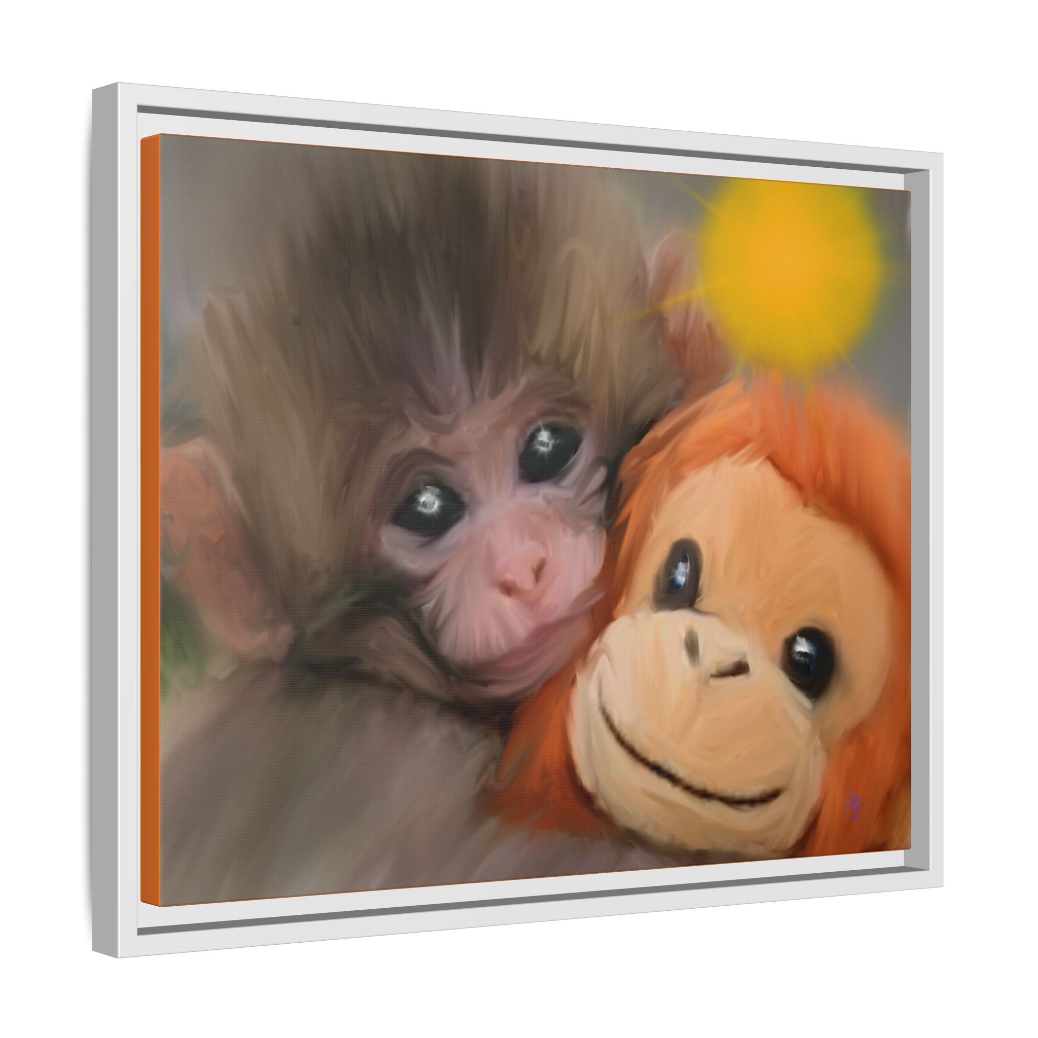 Framed Matte Canvas Print — Baby Monkey & Plush Orangutan Wall Art