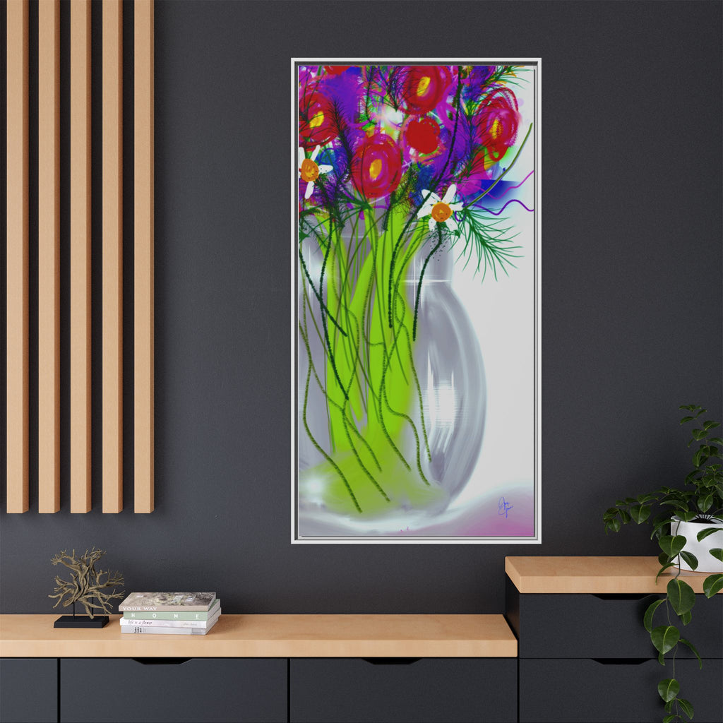 Framed Floral Bouquet Matte Canvas Wall Art — Colorful Abstract Flowers in Vase