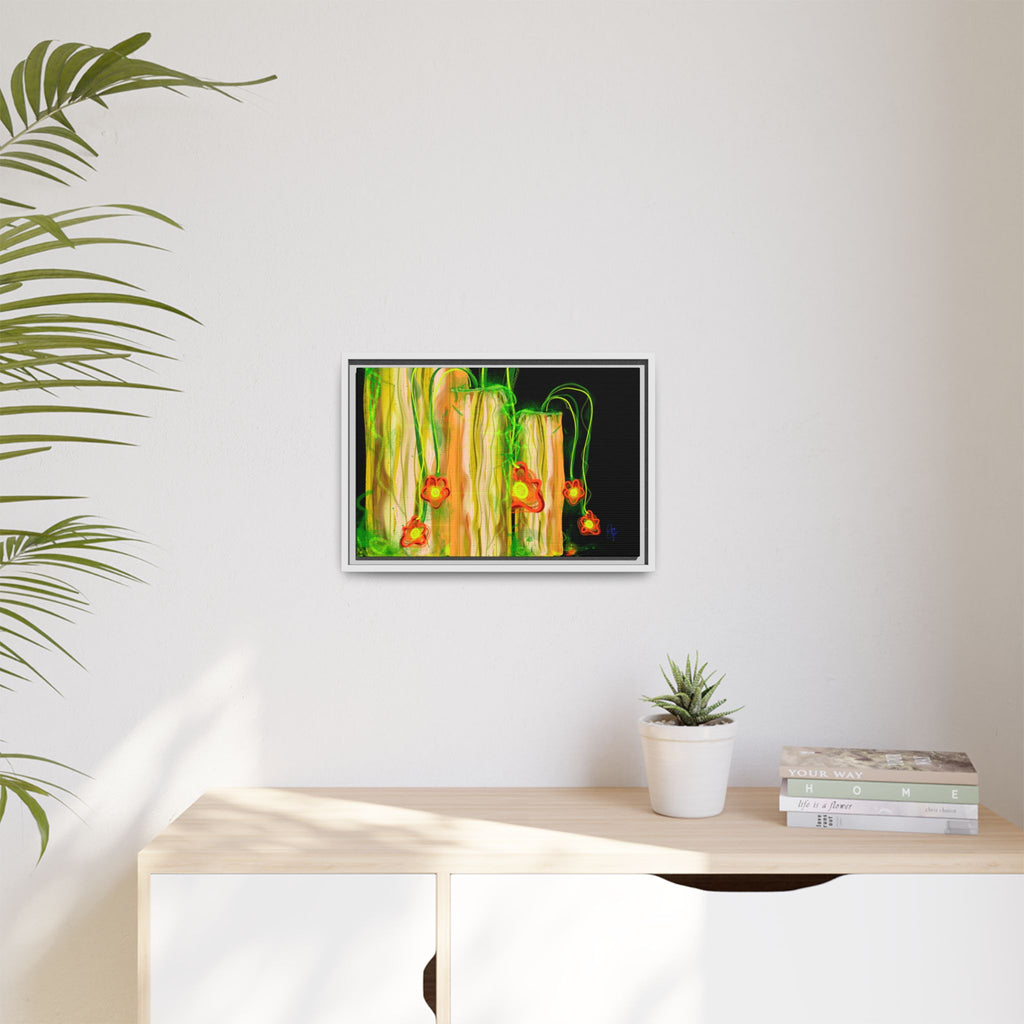 Framed Matte Canvas Print — Neon Floral Candlelight Art