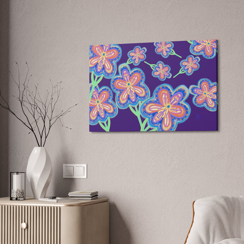 Floral Pop Canvas — Bright Blue Hand-Drawn Flowers Stretched Canvas