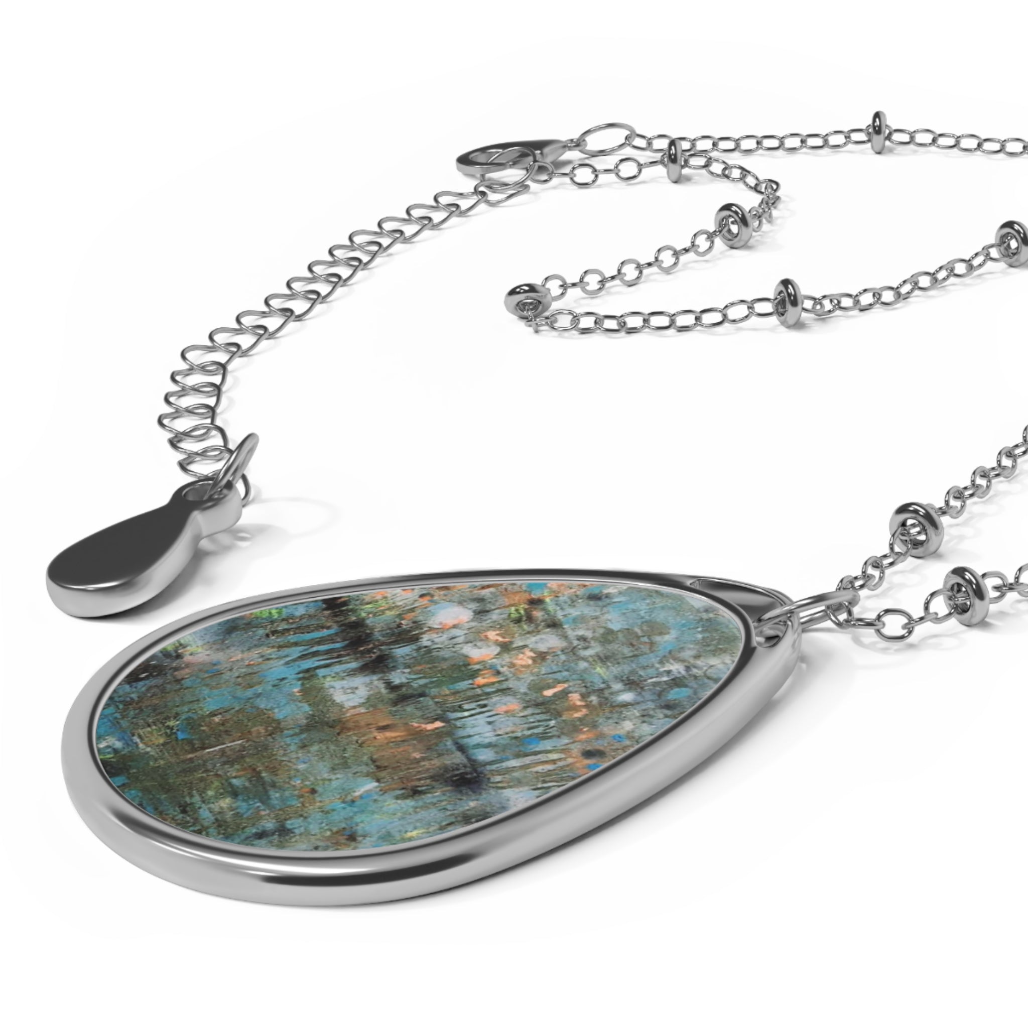 Oval Teardrop Pendant Necklace — Abstract Blue-Green Art Inlay
