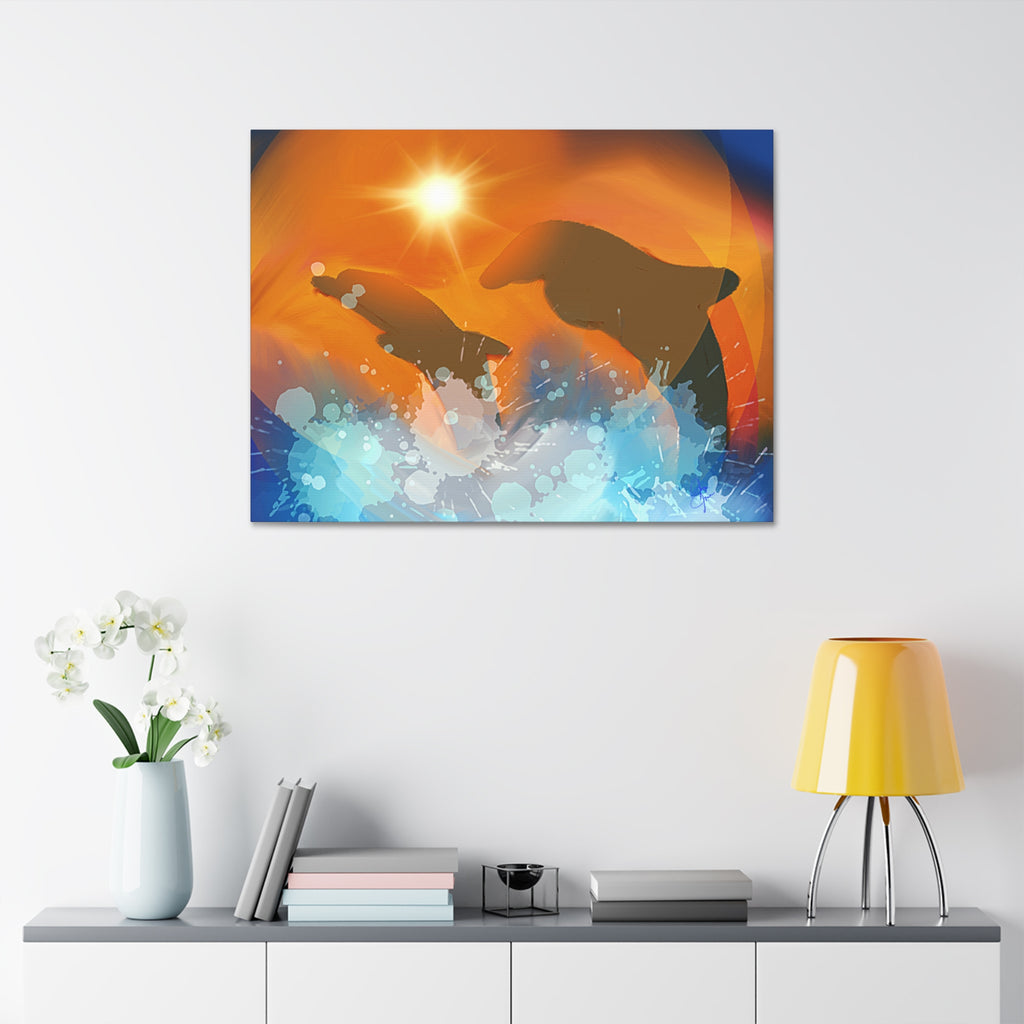 Sunset Dolphin Canvas Wall Art — Vibrant Ocean Sunset Stretch Canvas