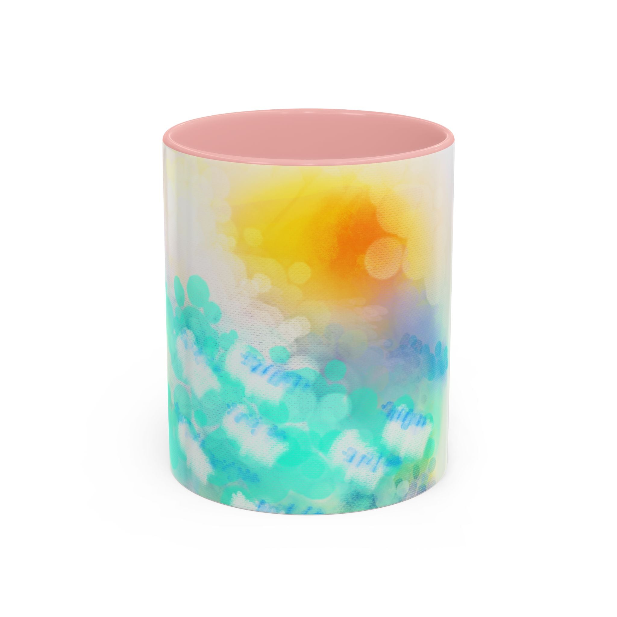 Sunrise Watercolor Accent Coffee Mug — Bright Abstract Teal & Yellow Ceramic