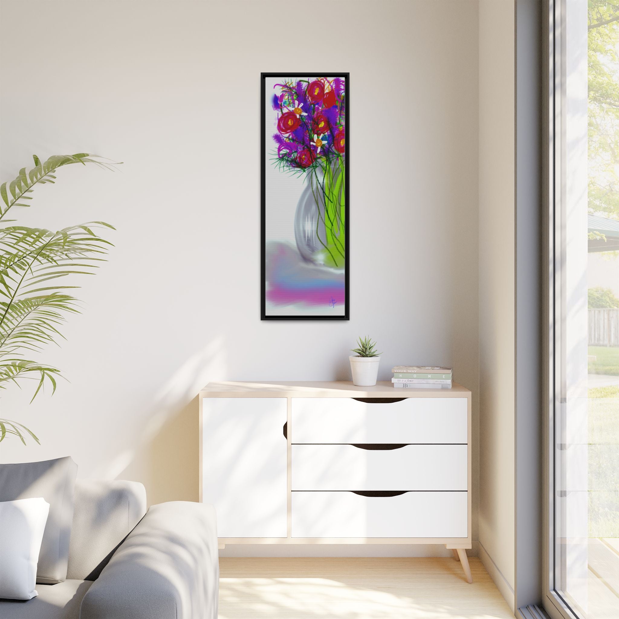 Framed Floral Bouquet Matte Canvas Wall Art — Colorful Abstract Flowers in Vase