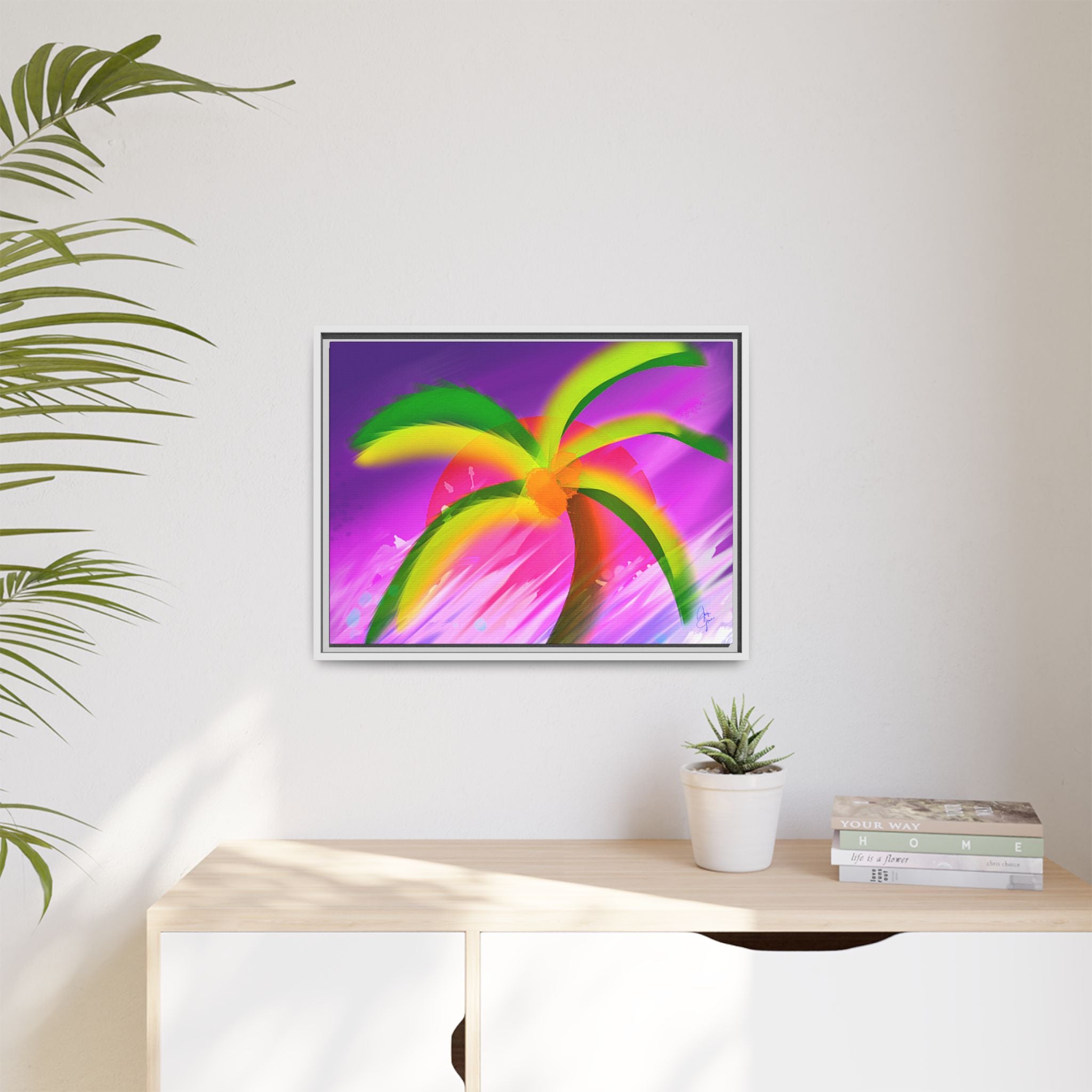 Framed Matte Canvas Print — Neon Palm Beach Art