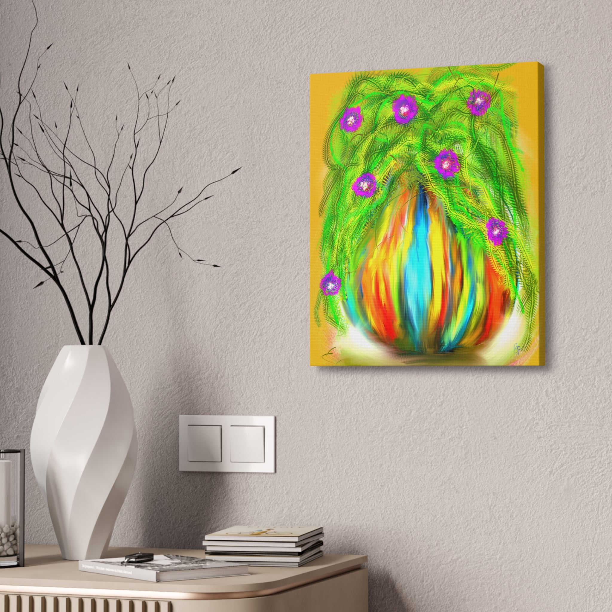 Abstract Floral Canvas Print — Colorful Blooming Vase Wall Art