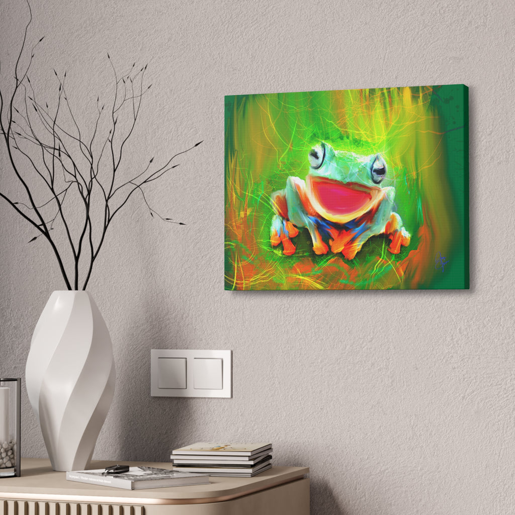 Vibrant Smiling Frog Canvas Print — Colorful Tropical Wall Art