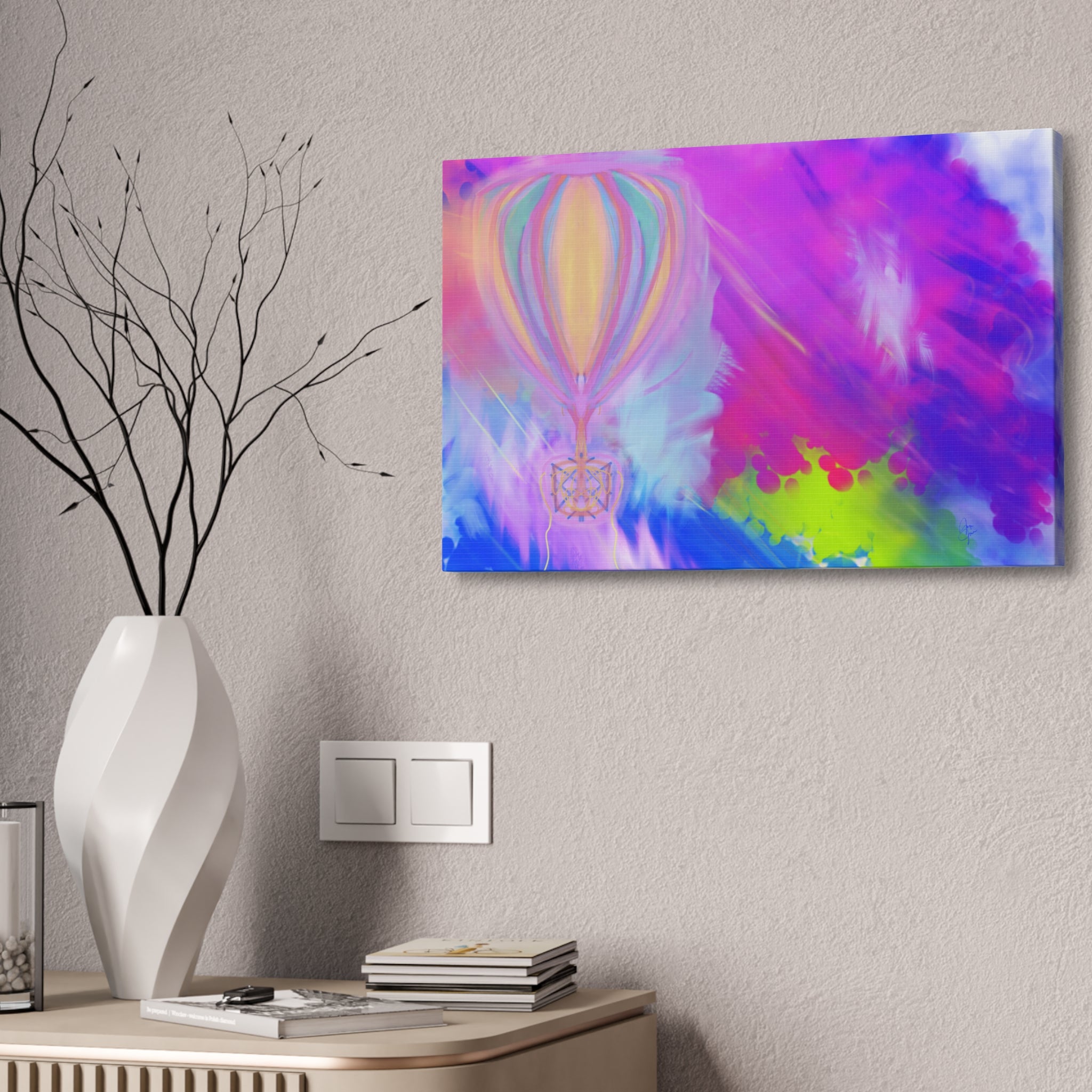 Whimsical Hot Air Balloon Kids Canvas Art — Bright Stretched Wall Decor