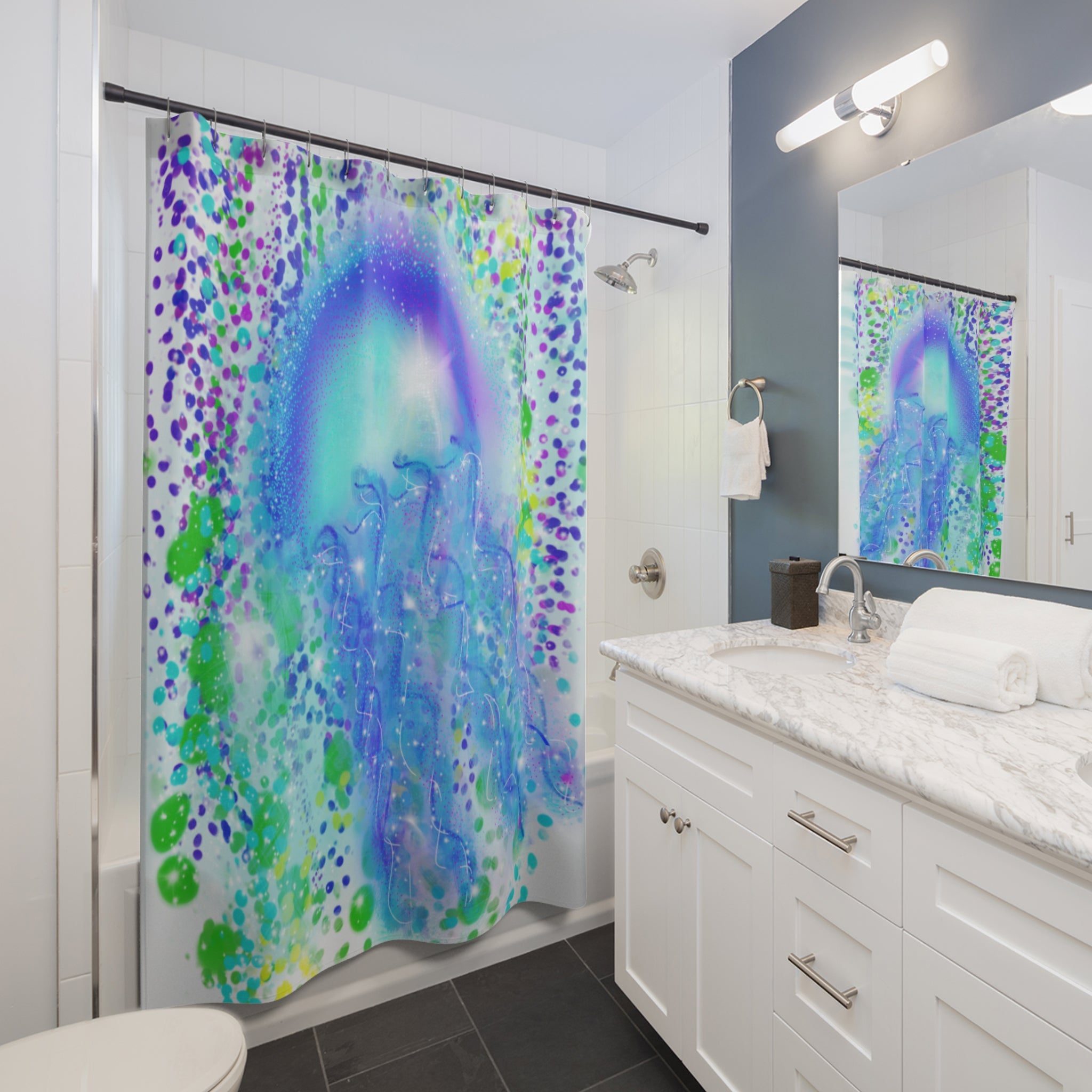 Jellyfish Dream Shower Curtain — Aquamarine Ocean Waves Bathroom Decor