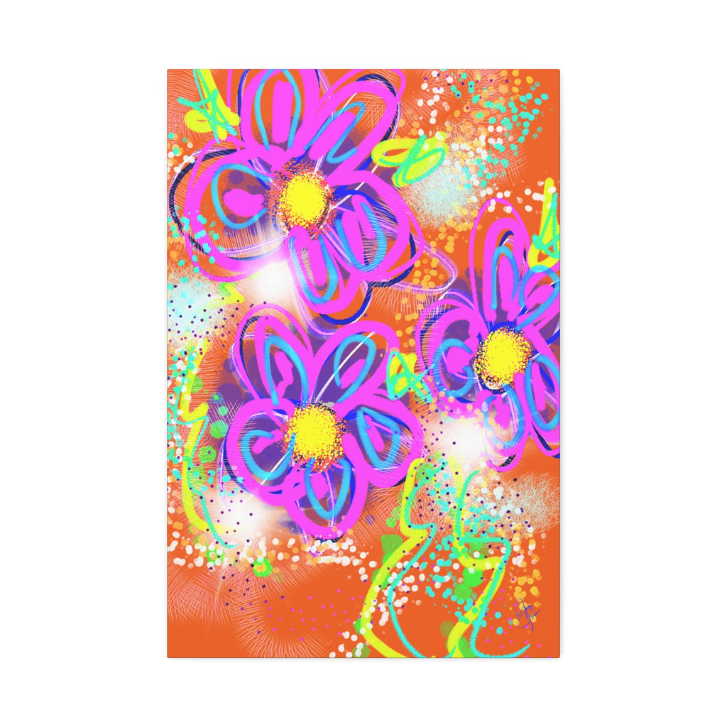 Vibrant Neon Floral Canvas Print — Pink & Green Stretched Wall Art