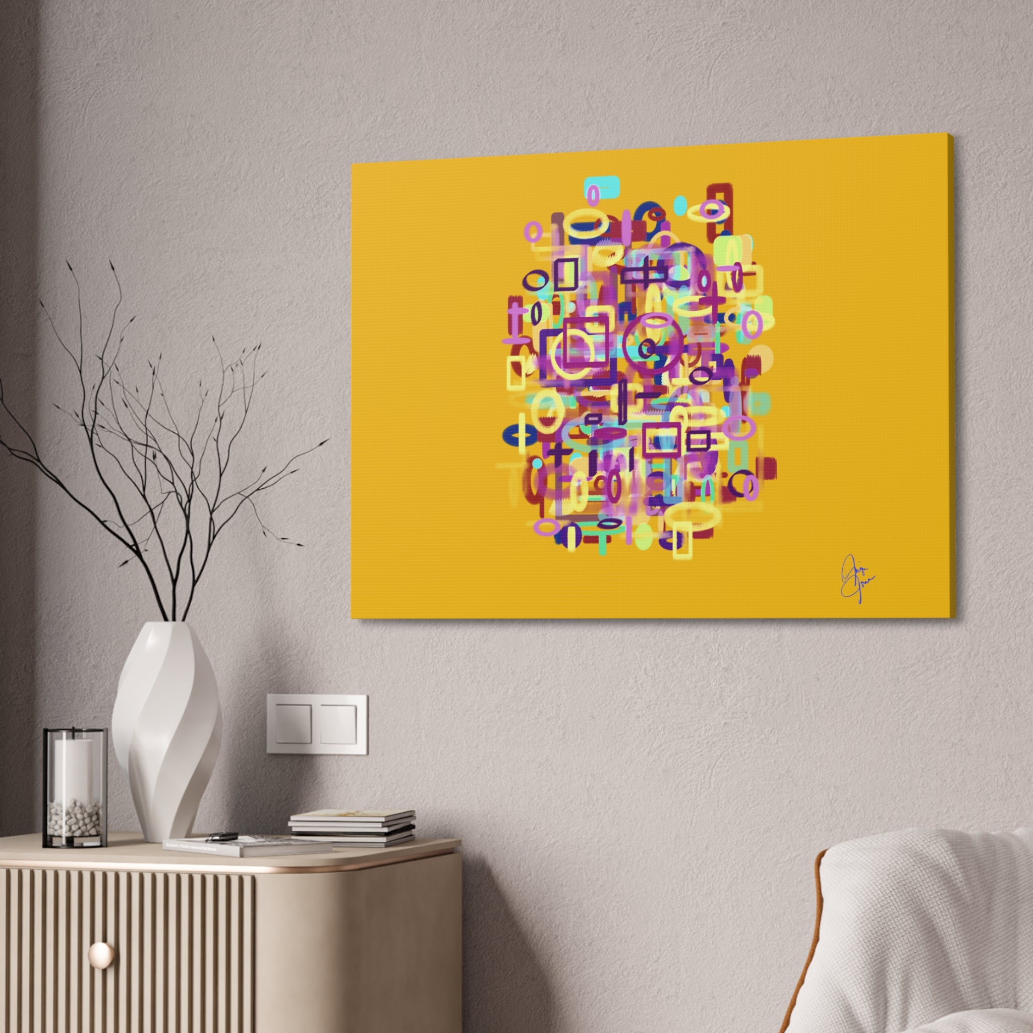 Abstract Neon Shapes Canvas Print — Colorful Geometric Wall Art on Black