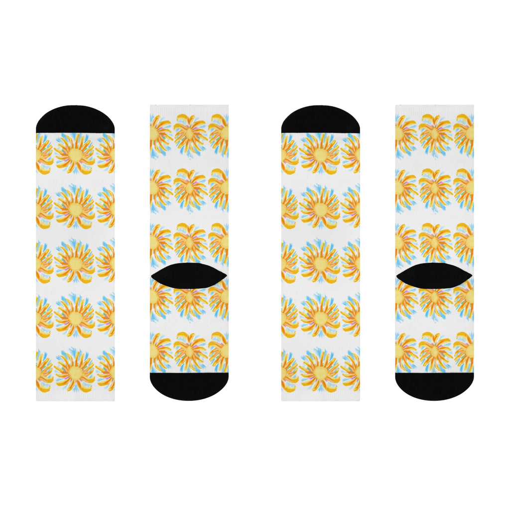 Sunburst Floral Crew Socks — Yellow Blue Sunshine Pattern Cushioned Socks