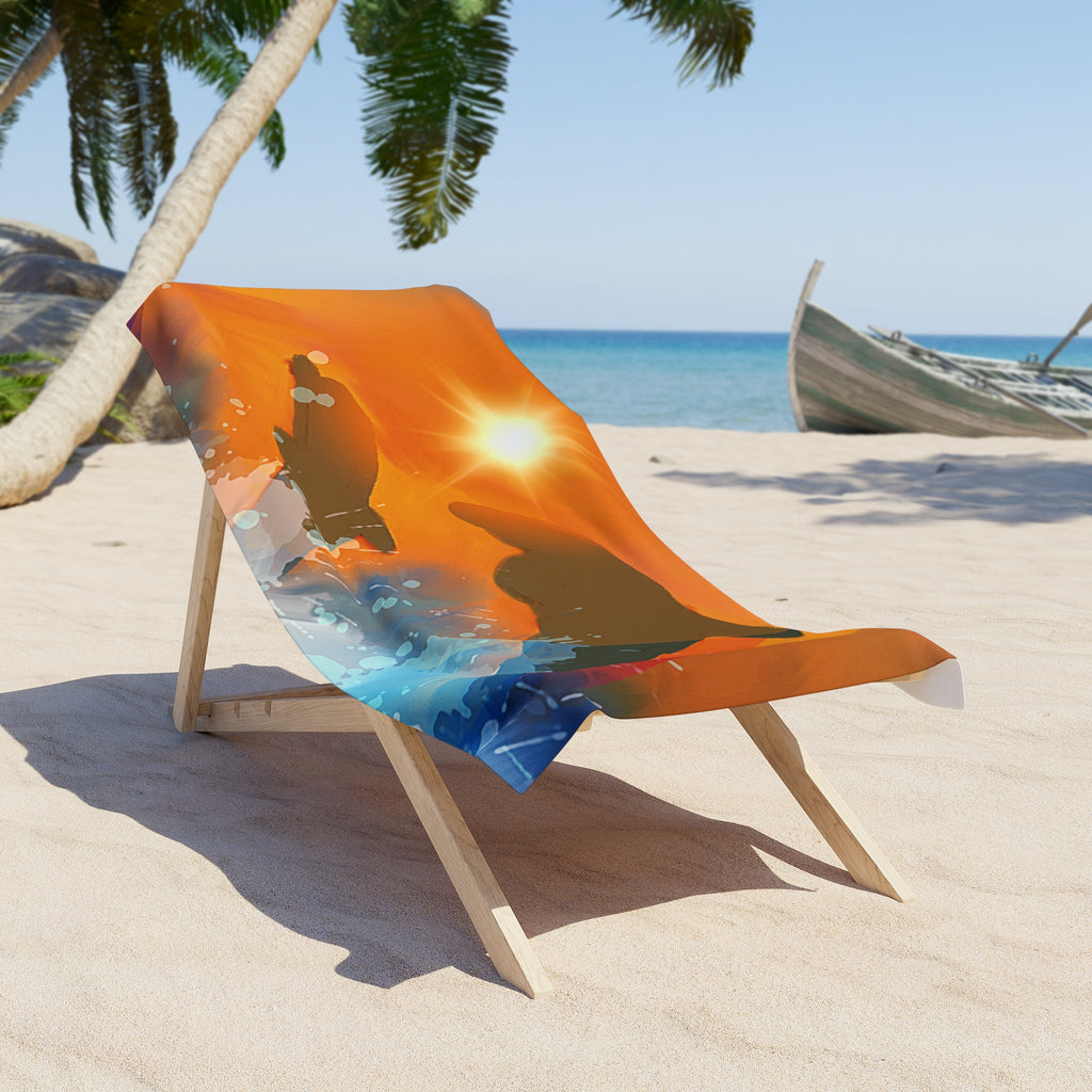 Beach Towel - Sunset Dolphins Ocean Waves Design