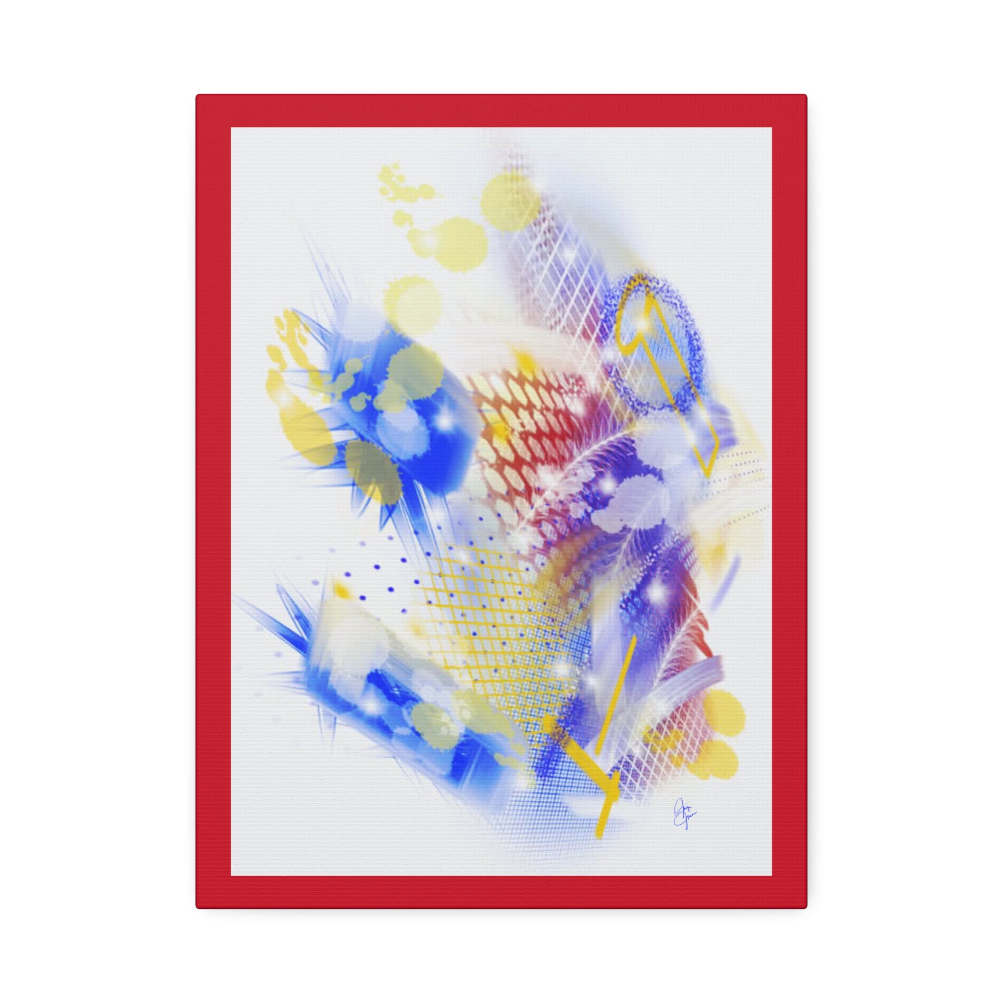 Abstract Blue & Yellow Art Canvas Print — Stretched 1.5" with Red Border