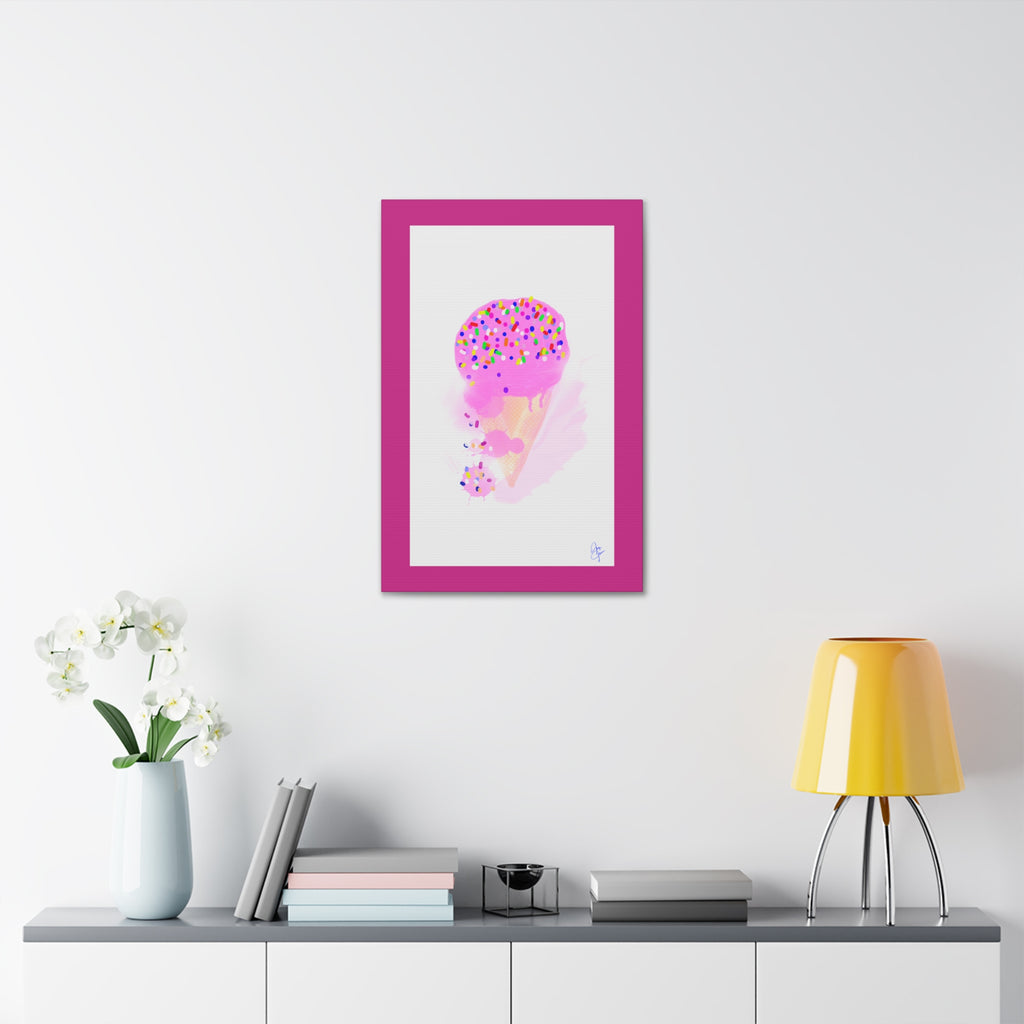Pink Sprinkle Ice Cream Cone Canvas Print — Cute Pastel Wall Art
