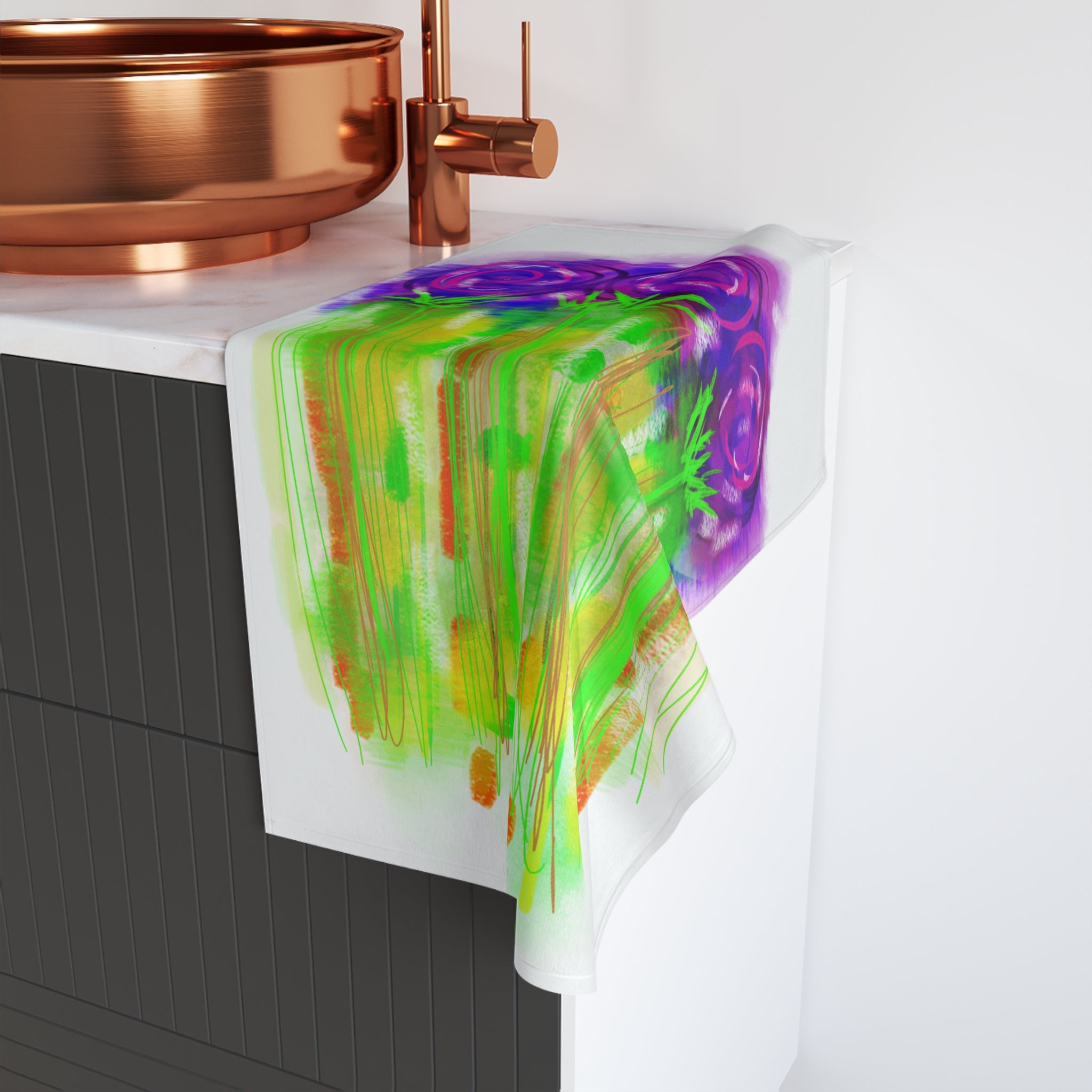 Purple Bloom Watercolor Hand Towel — Bright Floral Kitchen & Bath Accent