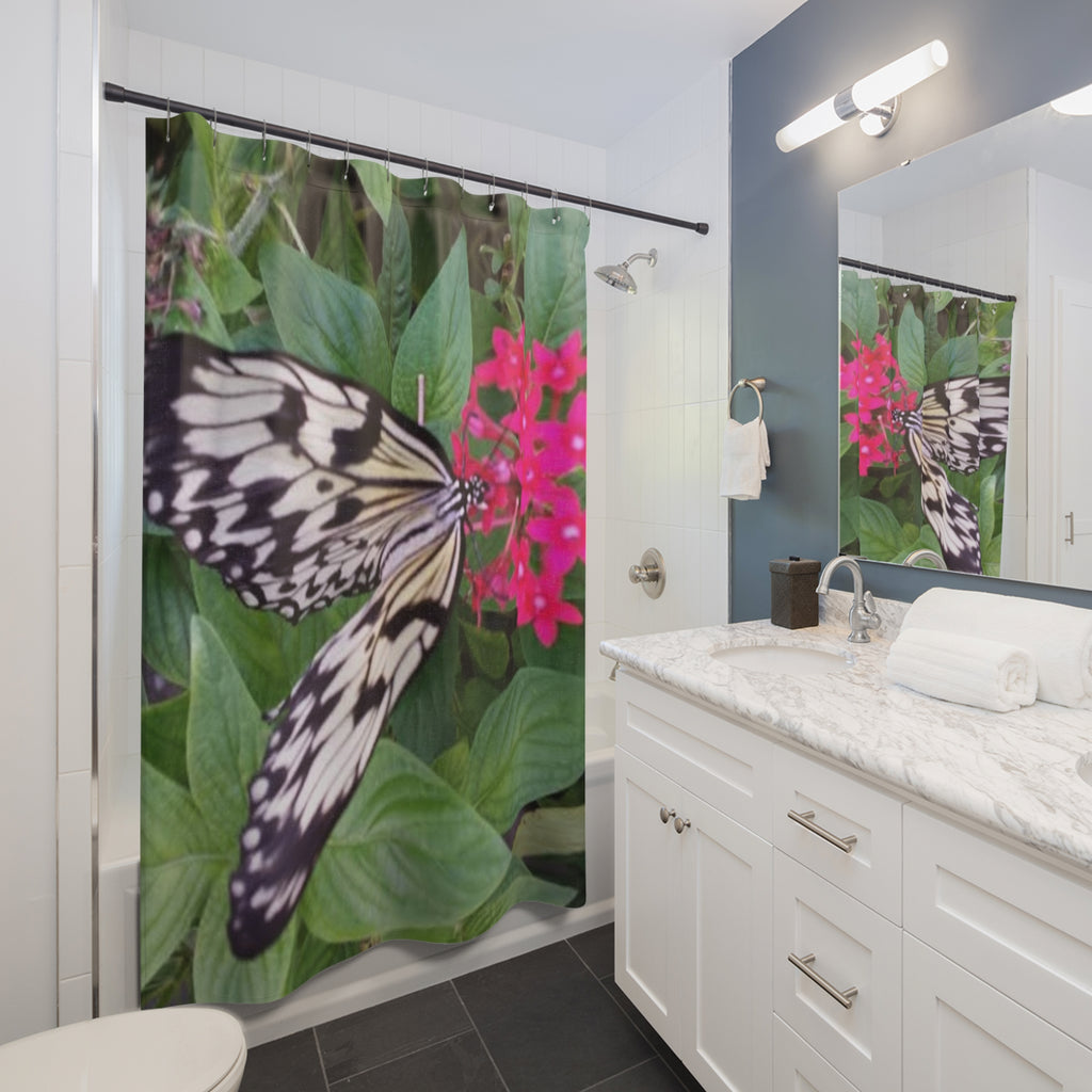 Butterfly on Pink Flower Shower Curtain — Botanical Nature Bathroom Decor