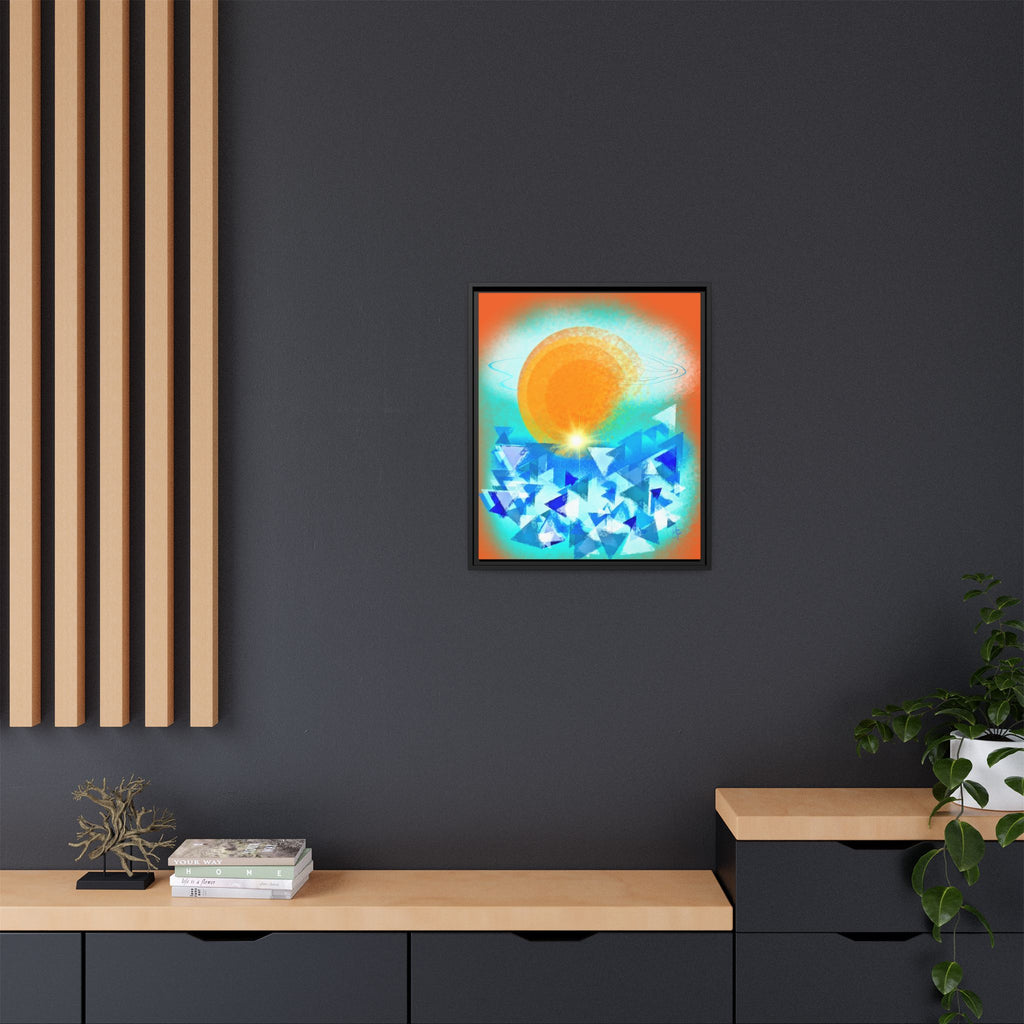 Abstract Sunrise Framed Canvas Art – Orange Sun Over Blue Geometric Waves