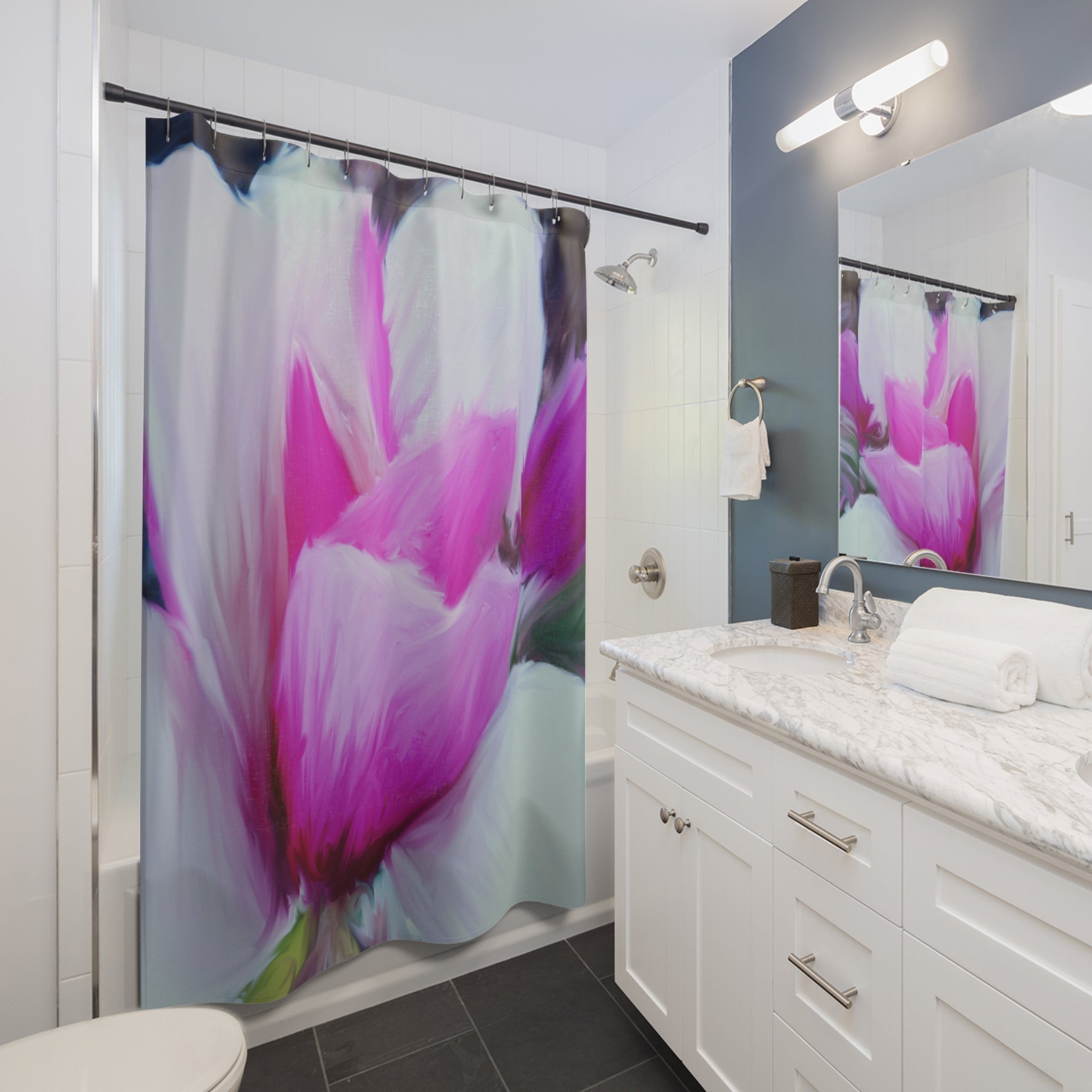 Floral Pink Tulip Tree Shower Curtain — Soft Painterly Blossom Bathroom Decor