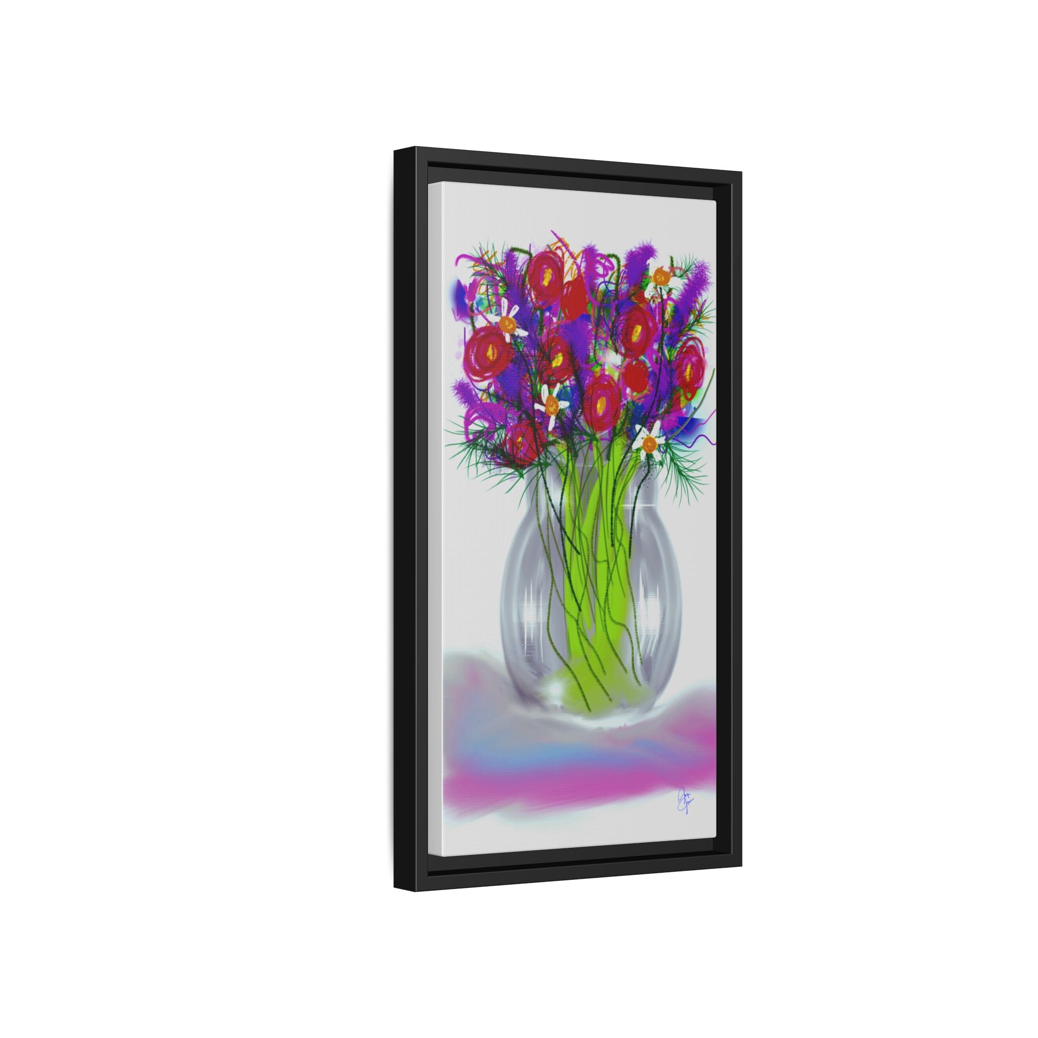 Framed Floral Bouquet Matte Canvas Wall Art — Colorful Abstract Flowers in Vase