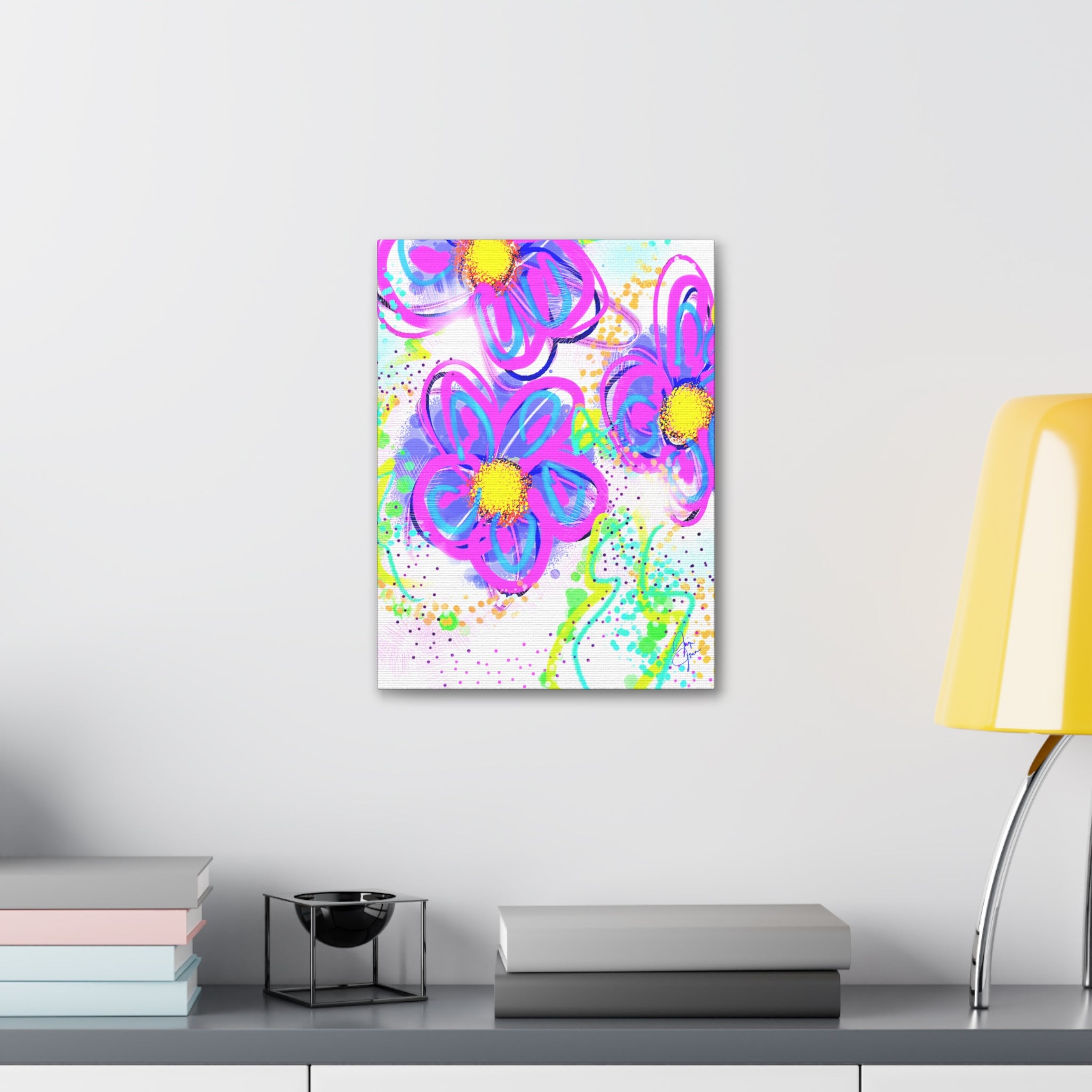 Vibrant Neon Floral Canvas Print — Pink & Green Stretched Wall Art