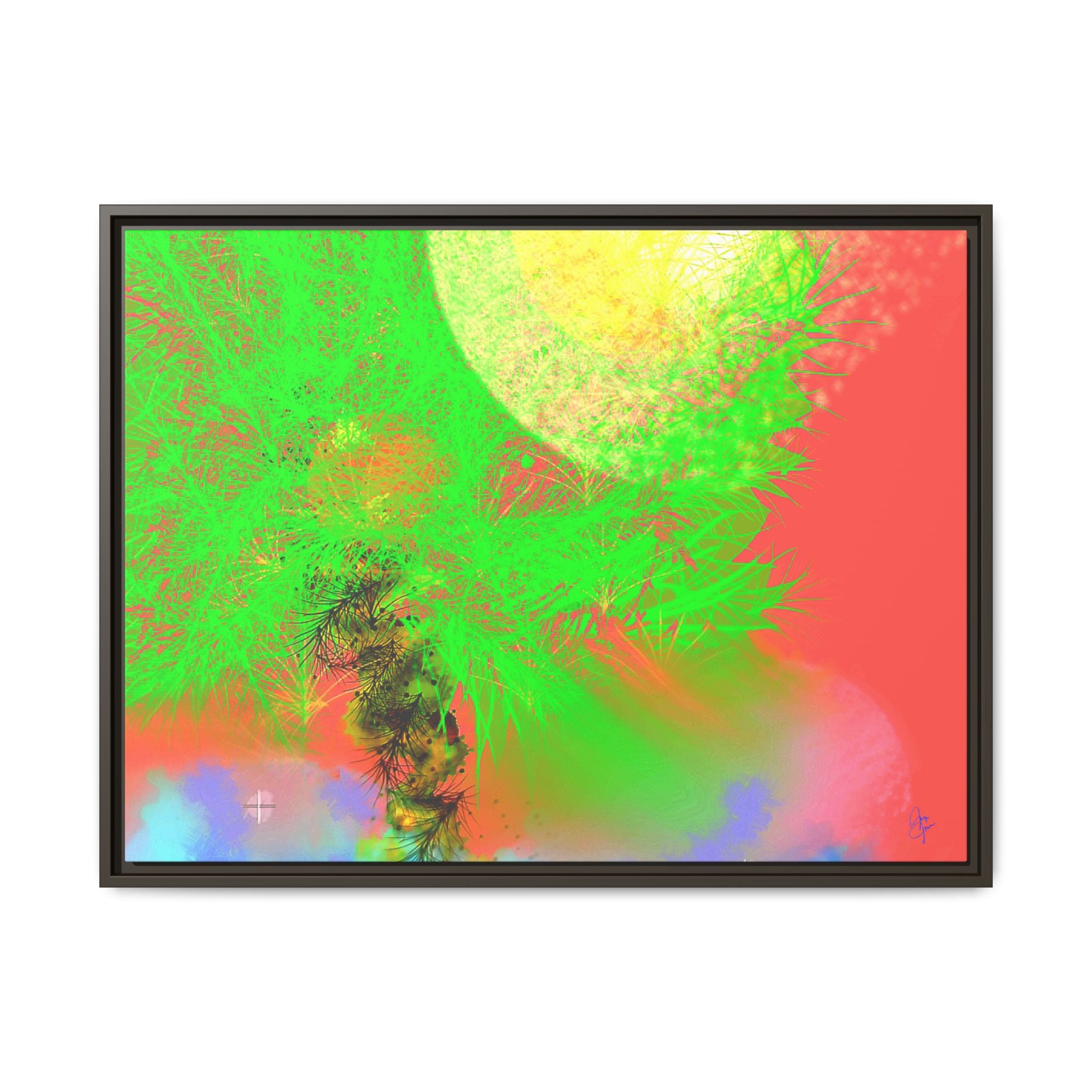 Abstract Neon Tree Matte Canvas Framed Art — Vibrant Green Moon Landscape