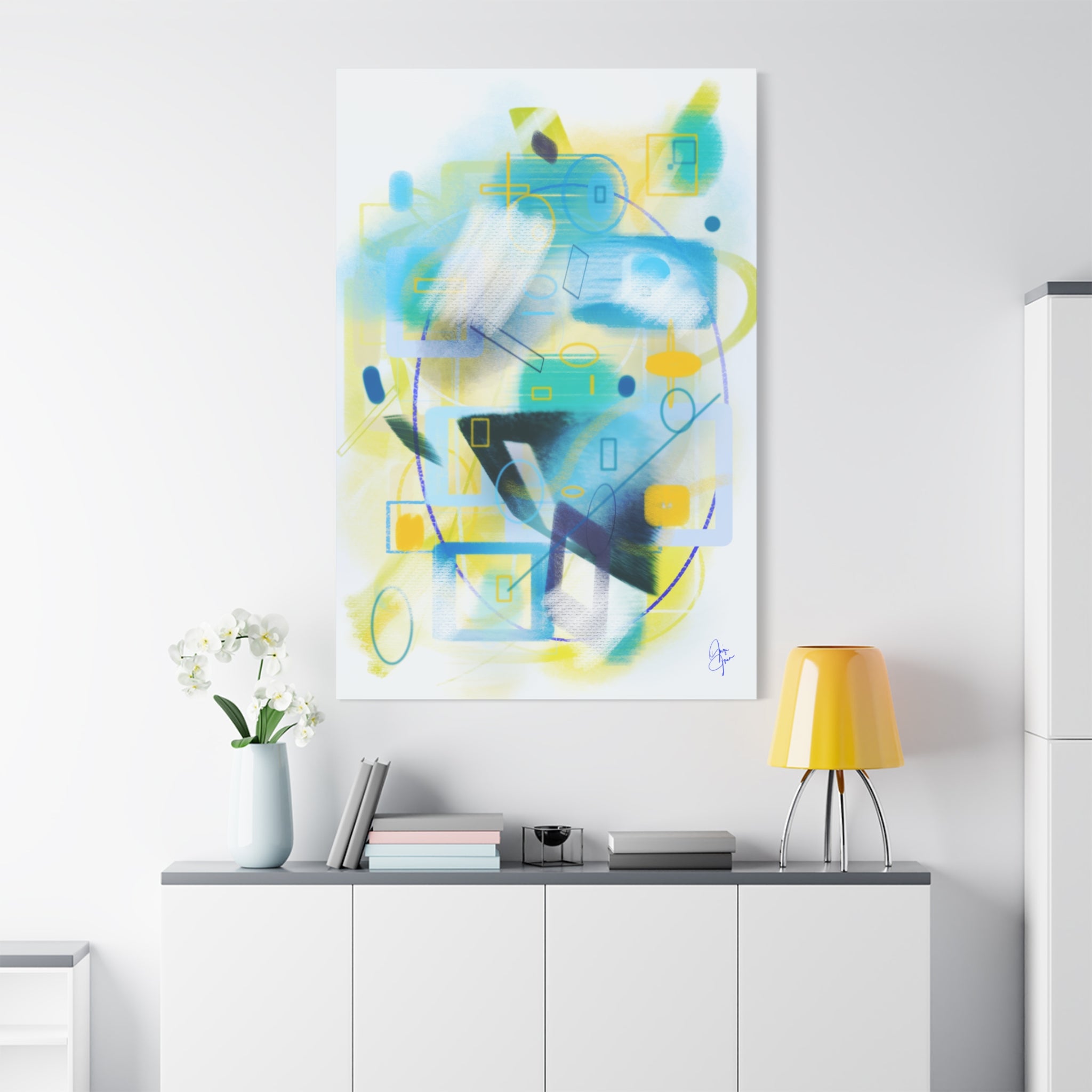 Abstract Blue & Yellow Geometry Canvas Print — Modern Stretched Wall Art