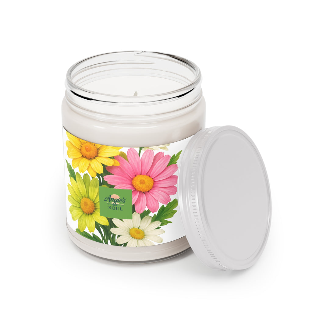 Floral Soy Candle 9oz — Scented Jar Candle with Pink & Yellow Daisy Design