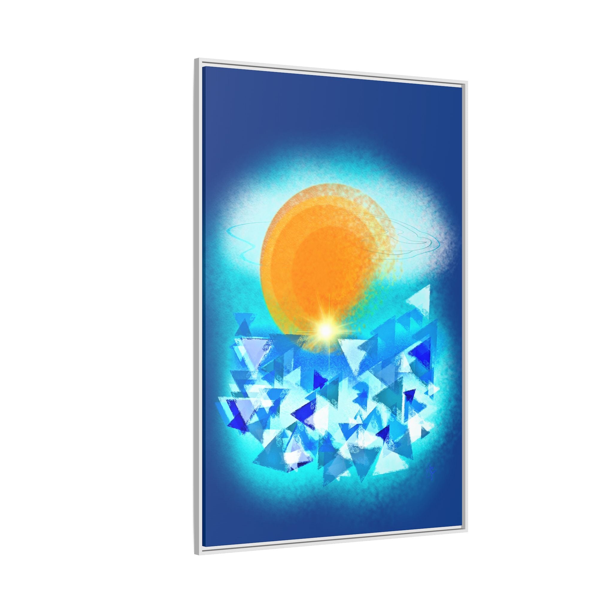 Abstract Sunrise Framed Canvas Art – Orange Sun Over Blue Geometric Waves