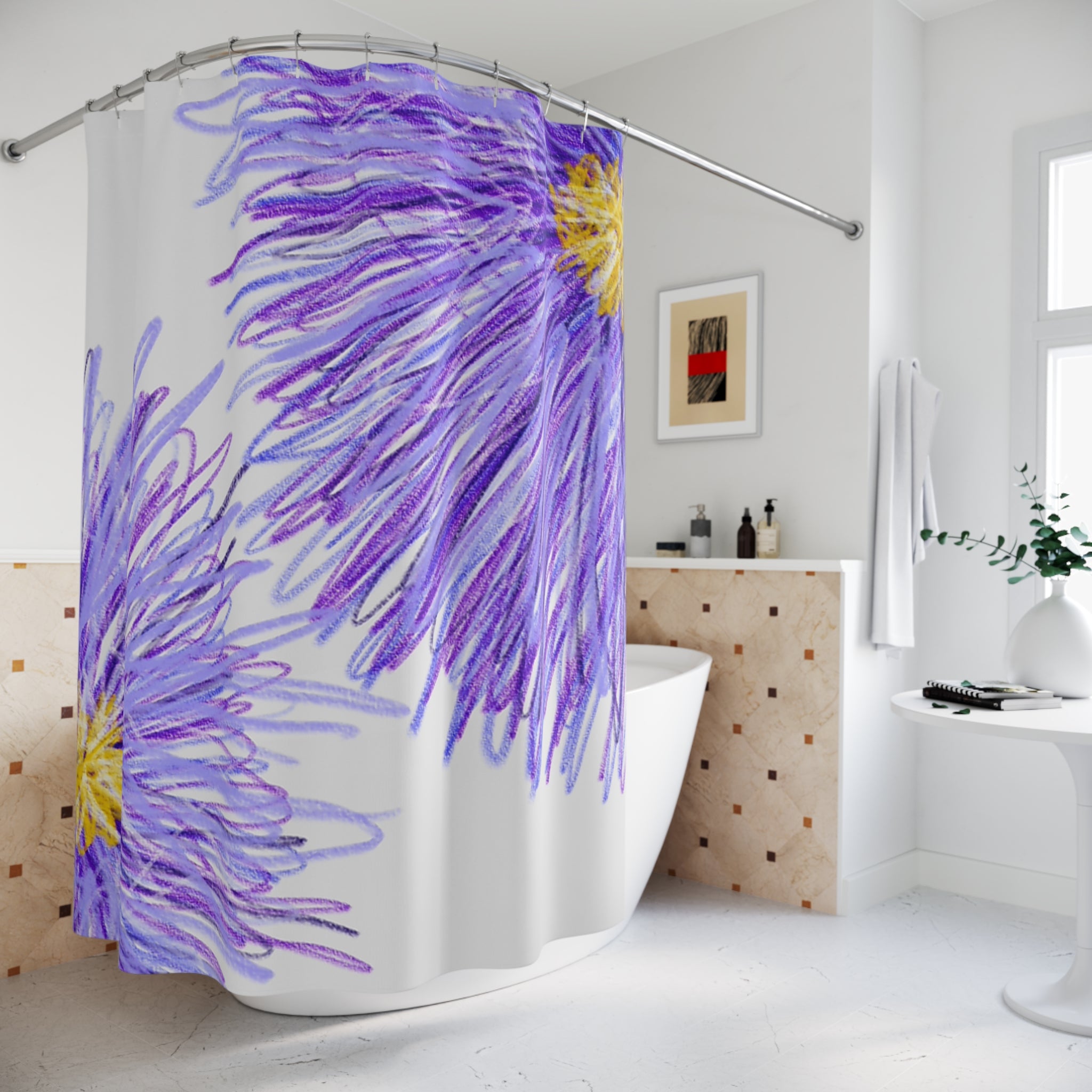 Purple Aster Floral Shower Curtain — Watercolor Violet Flower Bathroom Decor