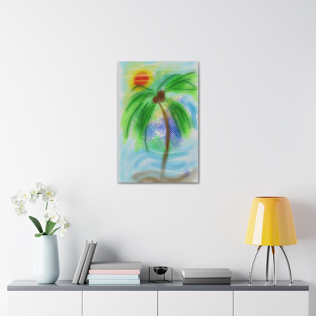 Tropical Palm Canvas Print – Heart Coconut Sunset Wall Art, Stretched 1.5"
