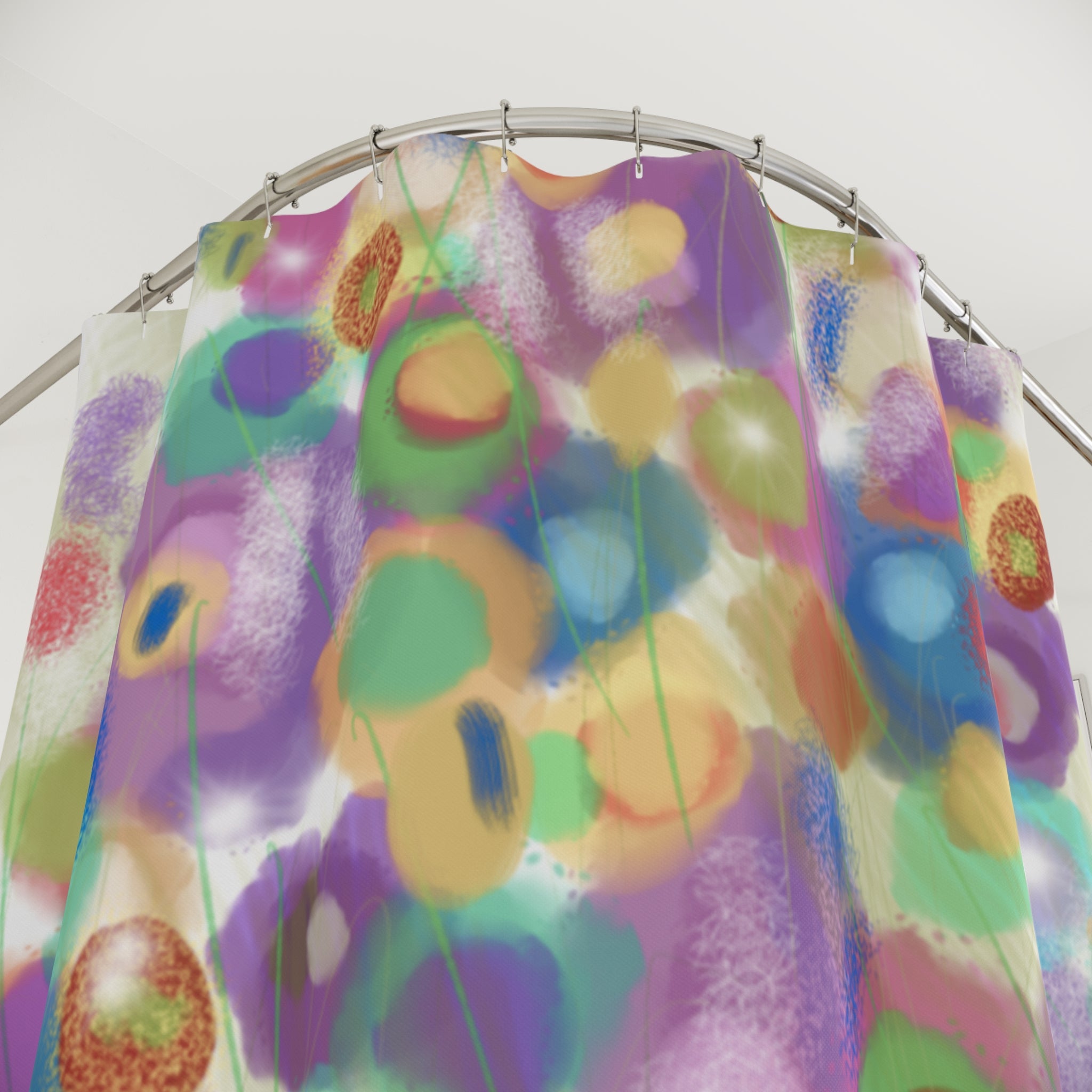 Colorful Abstract Floral Shower Curtain — Watercolor Circle Pattern Bathroom Decor