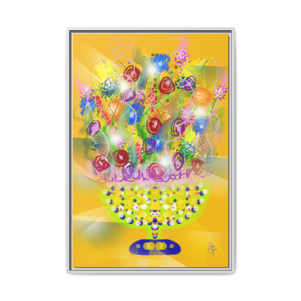 Framed Canvas Art - Colorful Festive Bouquet on Deep Blue Matte