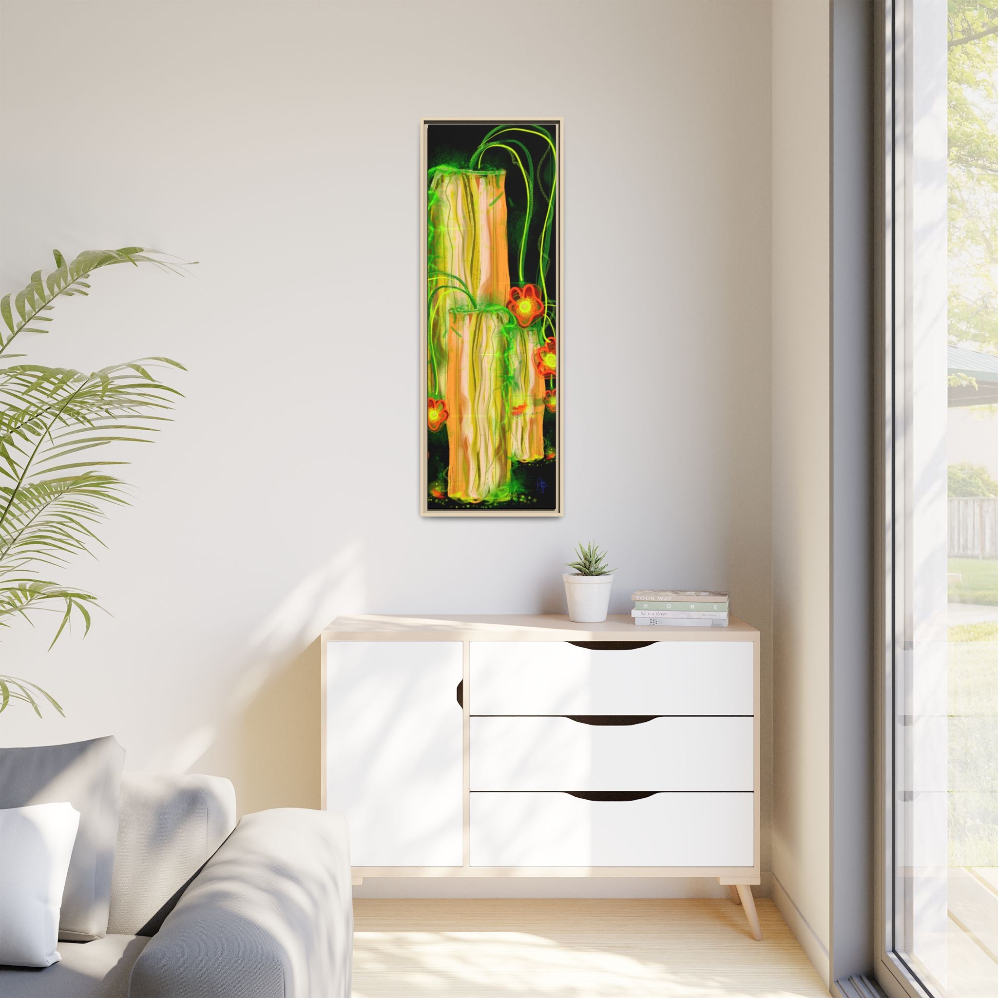 Framed Matte Canvas Print — Neon Floral Candlelight Art