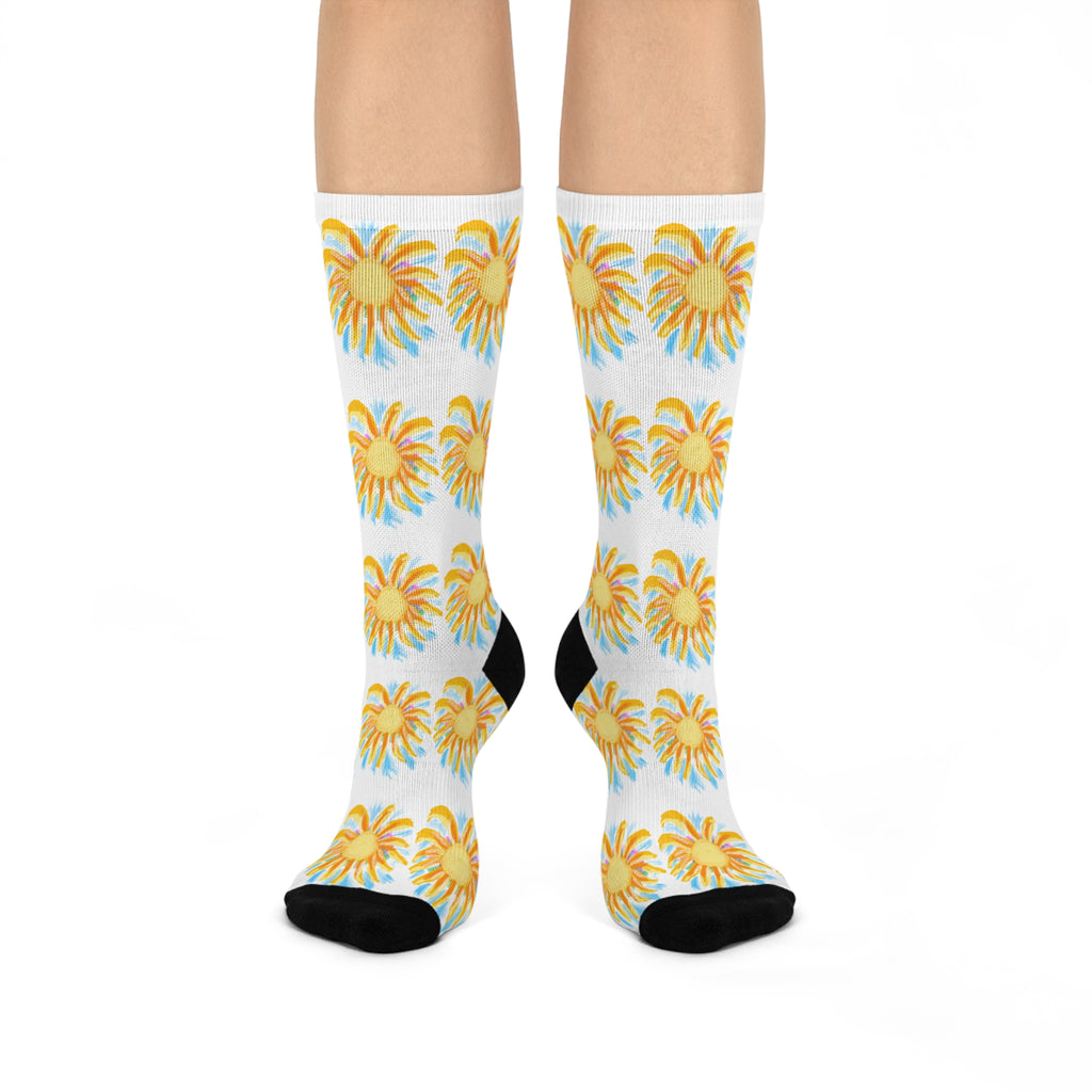 Sunburst Floral Crew Socks — Yellow Blue Sunshine Pattern Cushioned Socks