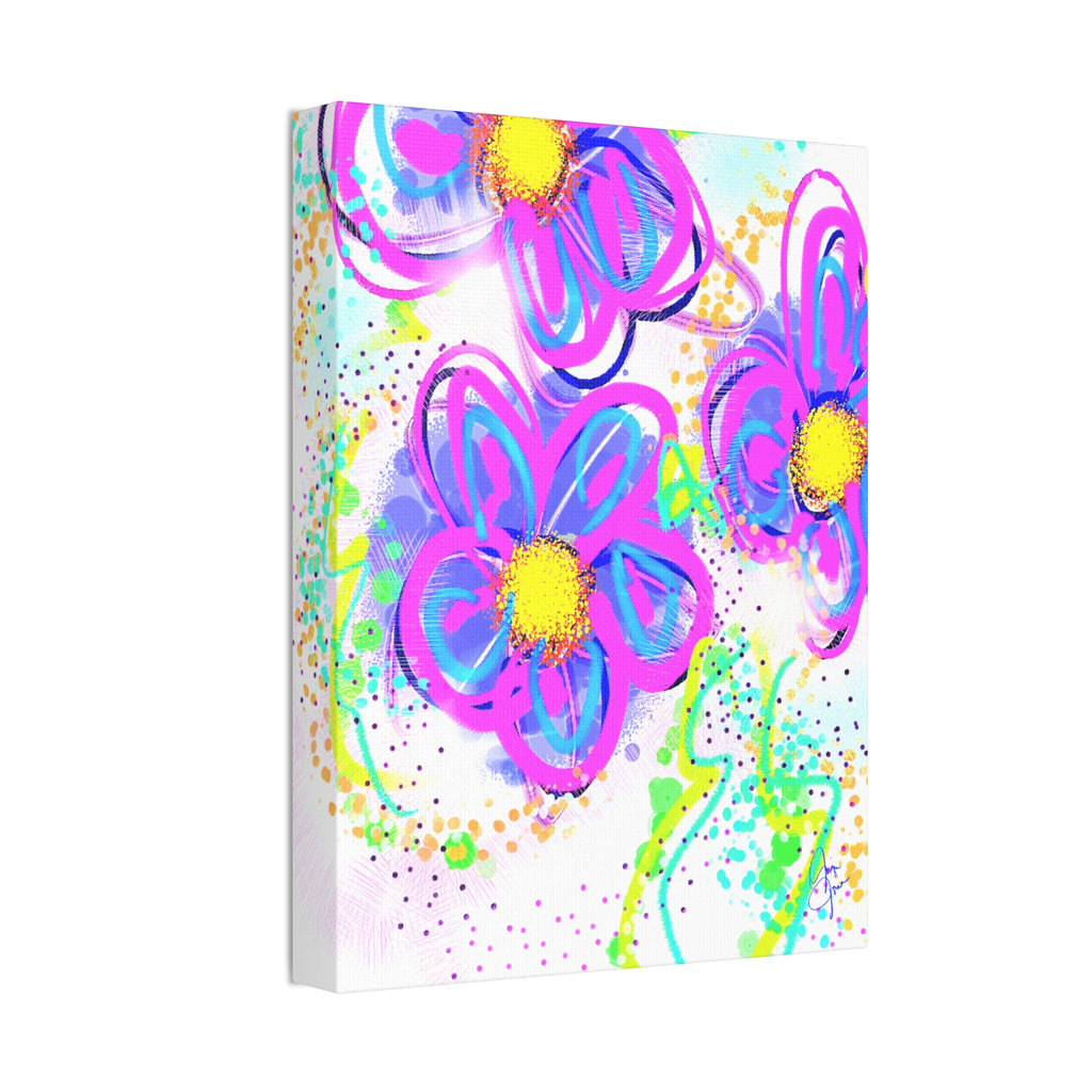 Vibrant Neon Floral Canvas Print — Pink & Green Stretched Wall Art