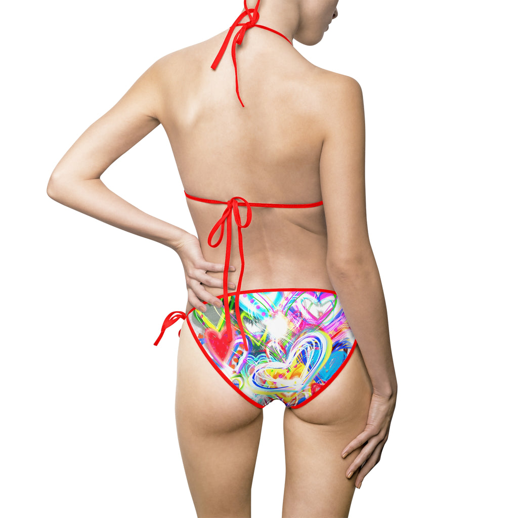 Tie-Side Bikini - Colorful Abstract Heart Print Women's Swimsuit