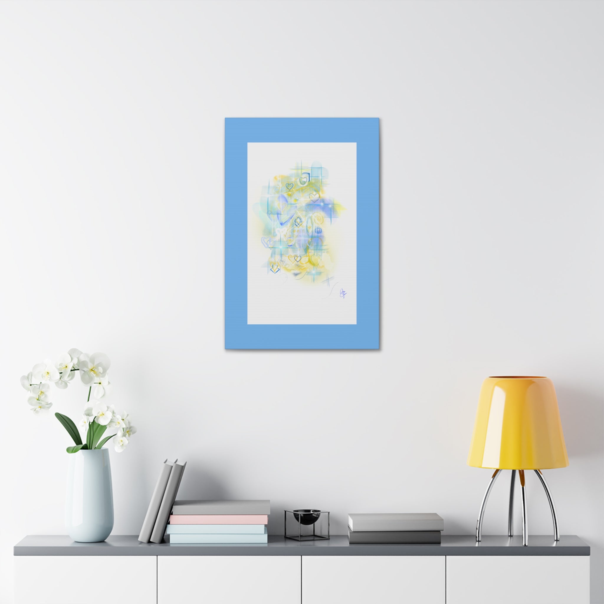 Pastel Heart Abstract Canvas Print — Blue & Yellow Stretched Wall Art (1.5")