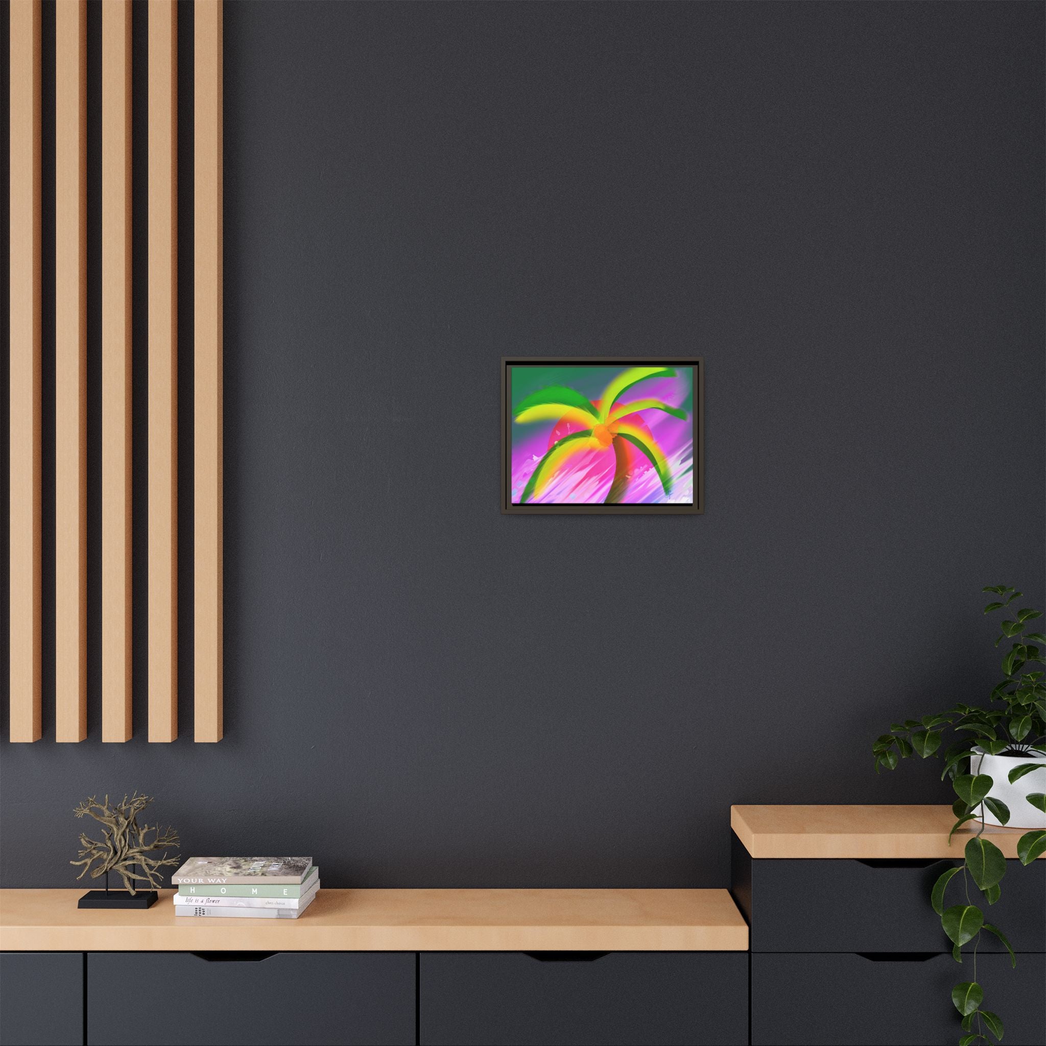 Framed Matte Canvas Print — Neon Palm Beach Art